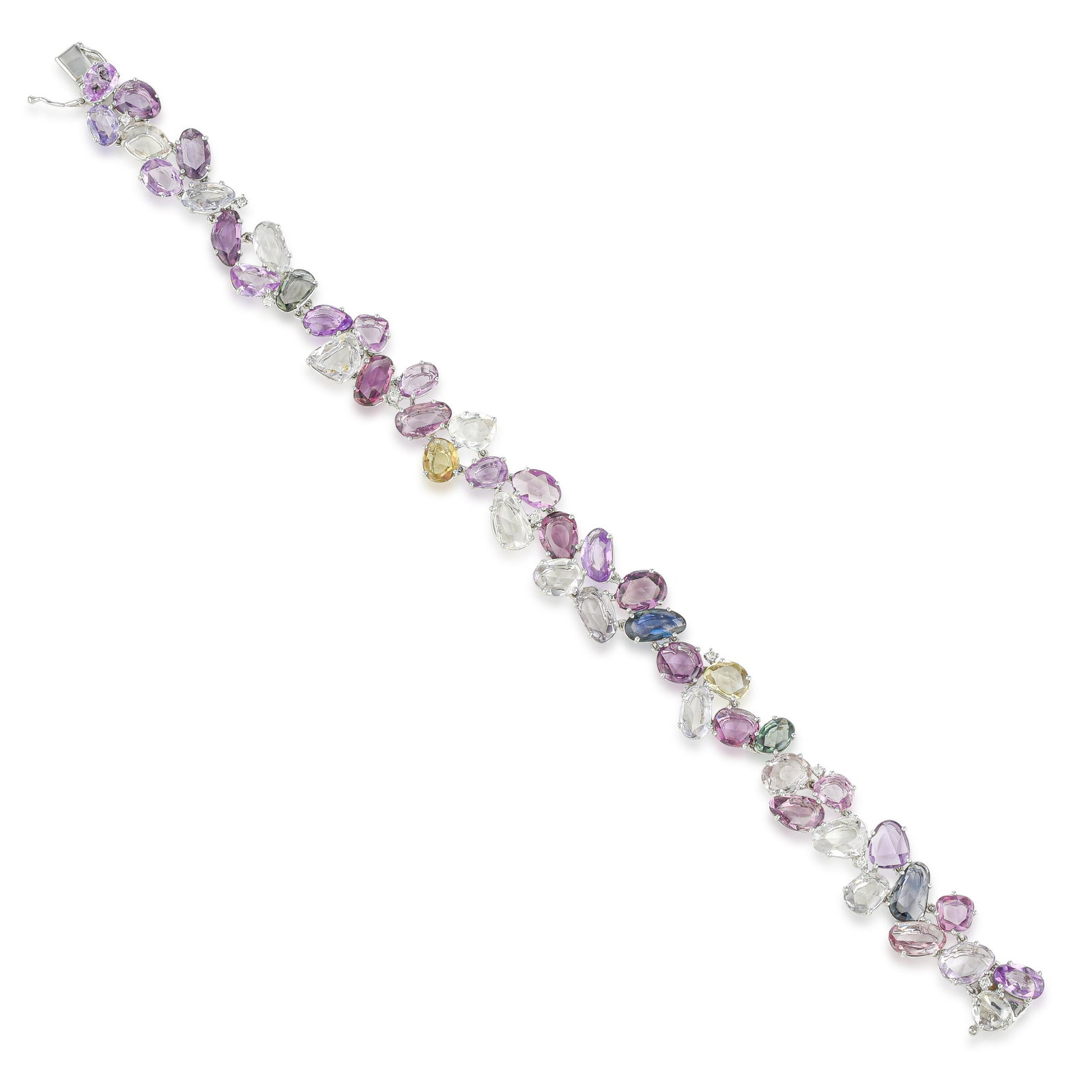 Multicolor Sapphire and Diamond Bracelet: ESTIMATED RETAIL PRICE: $22,000* *This is the estimated value a piece of similar quality, craftsmanship, and characteristics could command at retail. At a quarter inch wide, this is the most restraine