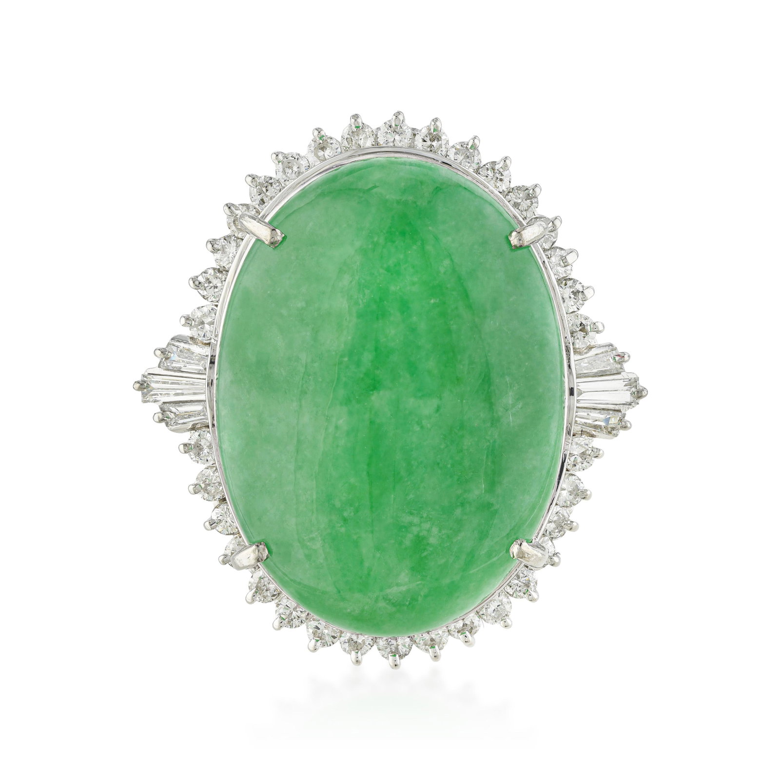 Jade and Diamond Ring: ESTIMATED RETAIL PRICE: $6,000* *This is the estimated value a piece of similar quality, craftsmanship, and characteristics could command at retail. Fine jadeite jade at 24mm in diameter is a