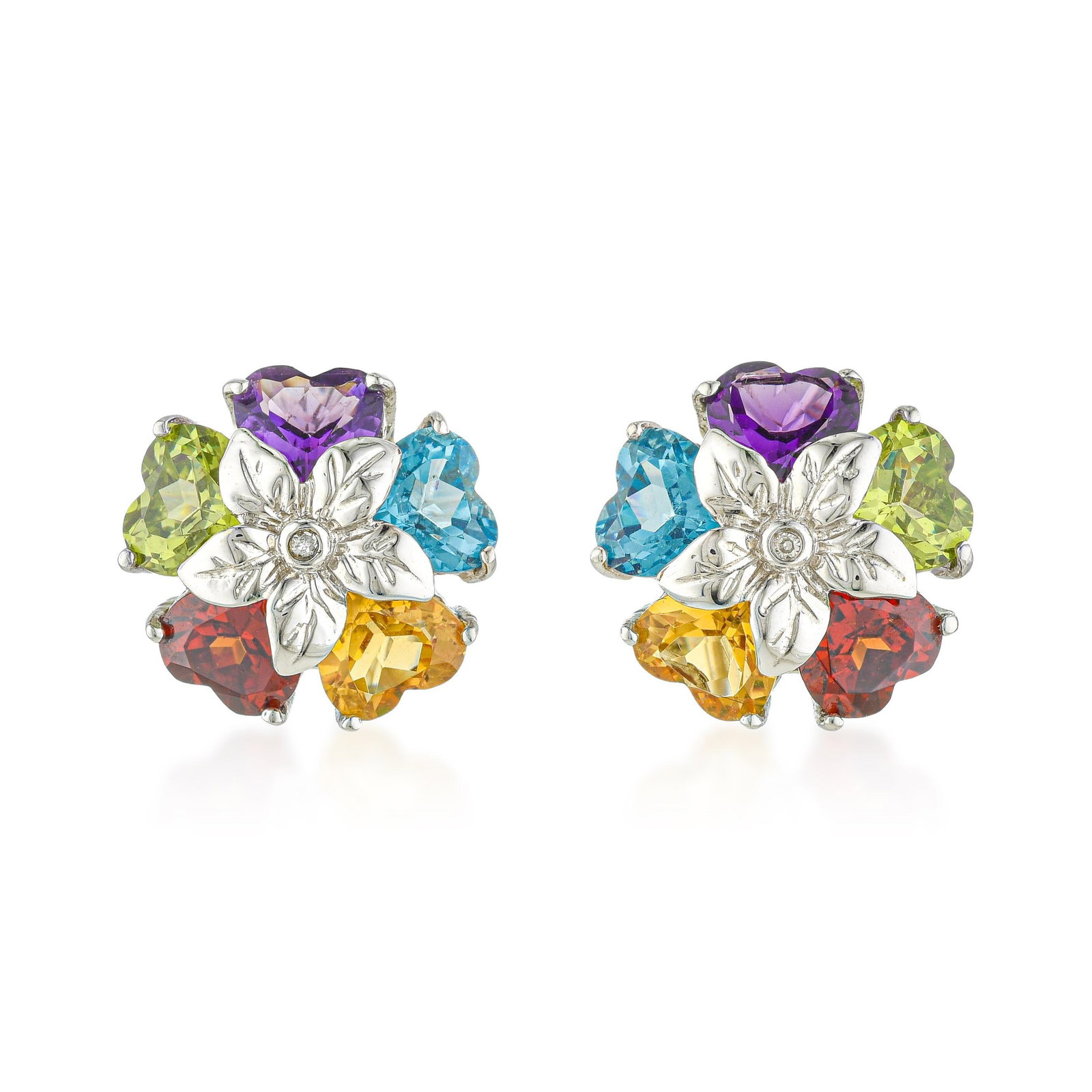 Multicolor Heart Shape Gemstone and Diamond Earrings: ESTIMATED RETAIL PRICE: $2,000* *This is the estimated value a piece of similar quality, craftsmanship, and characteristics could command at retail. Heart-shaped gemstones in a cluster earring
