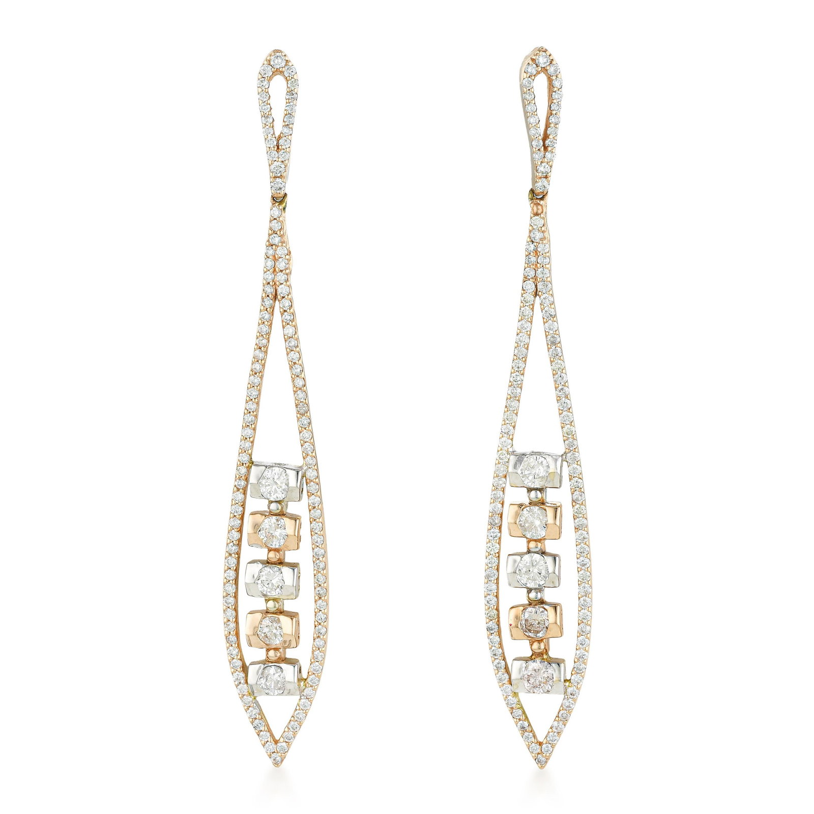 Tri-Tone Gold and Diamond Drop Earrings: ESTIMATED RETAIL PRICE: $4,000* *This is the estimated value a piece of similar quality, craftsmanship, and characteristics could command at retail. Tri-tone gold construction — white, yellow,