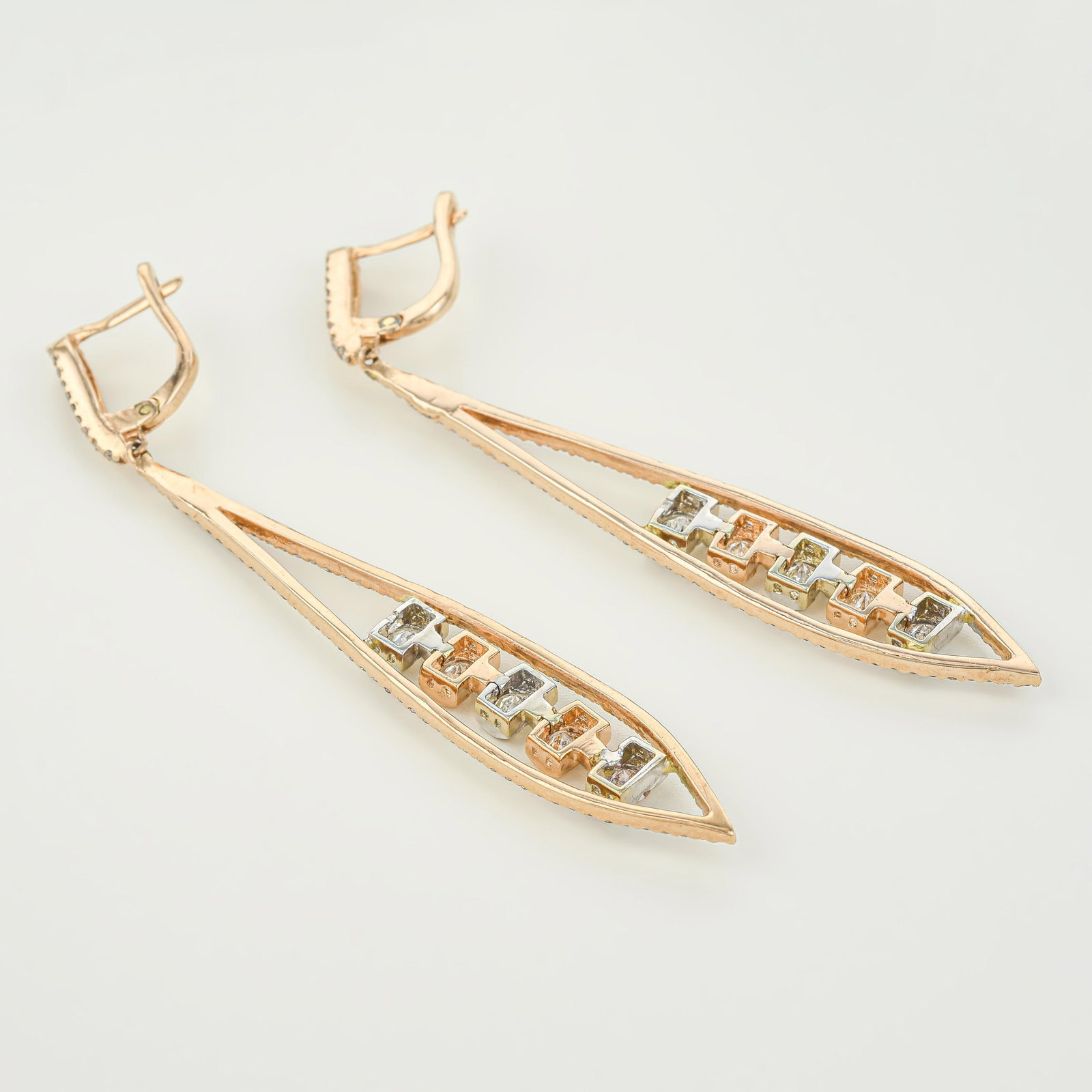 Tri-Tone Gold and Diamond Drop Earrings - 2