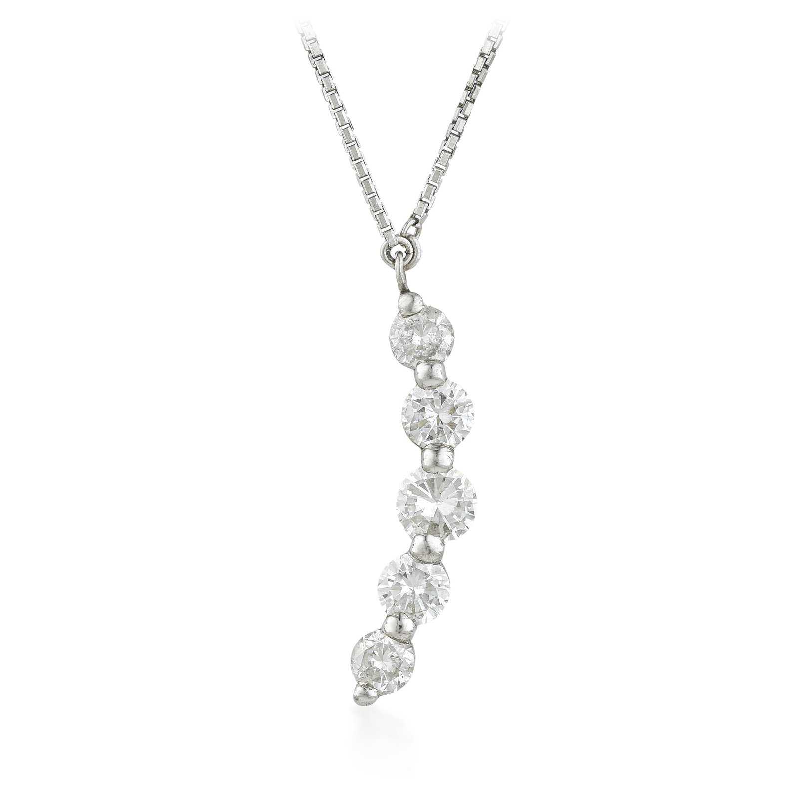 Five Diamond Pendant Necklace: ESTIMATED RETAIL PRICE: $3,000 * *This is the estimated value a piece of similar quality, craftsmanship, and characteristics could command at retail. Five diamonds descending in a line make the