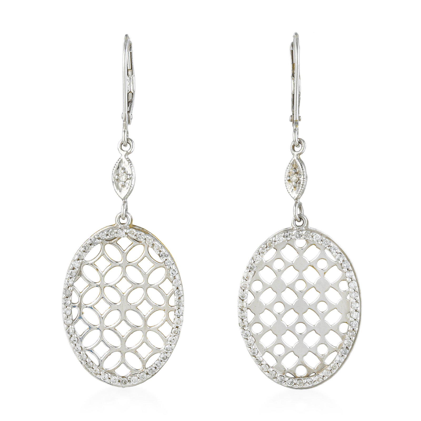 Diamond Oval Drop Earrings: ESTIMATED RETAIL PRICE: $1,400* *This is the estimated value a piece of similar quality, craftsmanship, and characteristics could command at retail. An openwork diamond oval on a delicate drop is the
