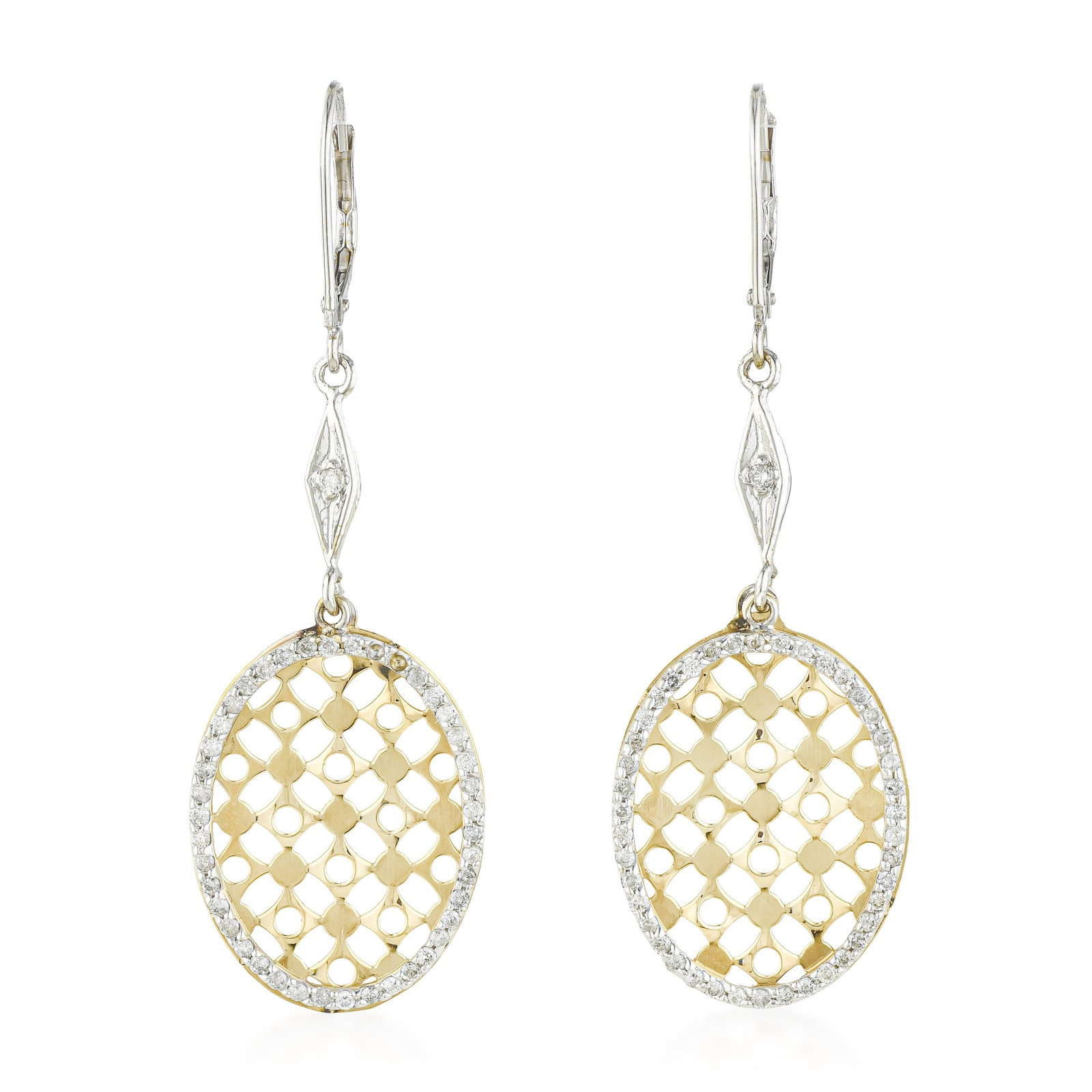 Diamond Oval Drop Earrings: ESTIMATED RETAIL PRICE: $1,400* *This is the estimated value a piece of similar quality, craftsmanship, and characteristics could command at retail. The two-tone yellow and white gold frame in this