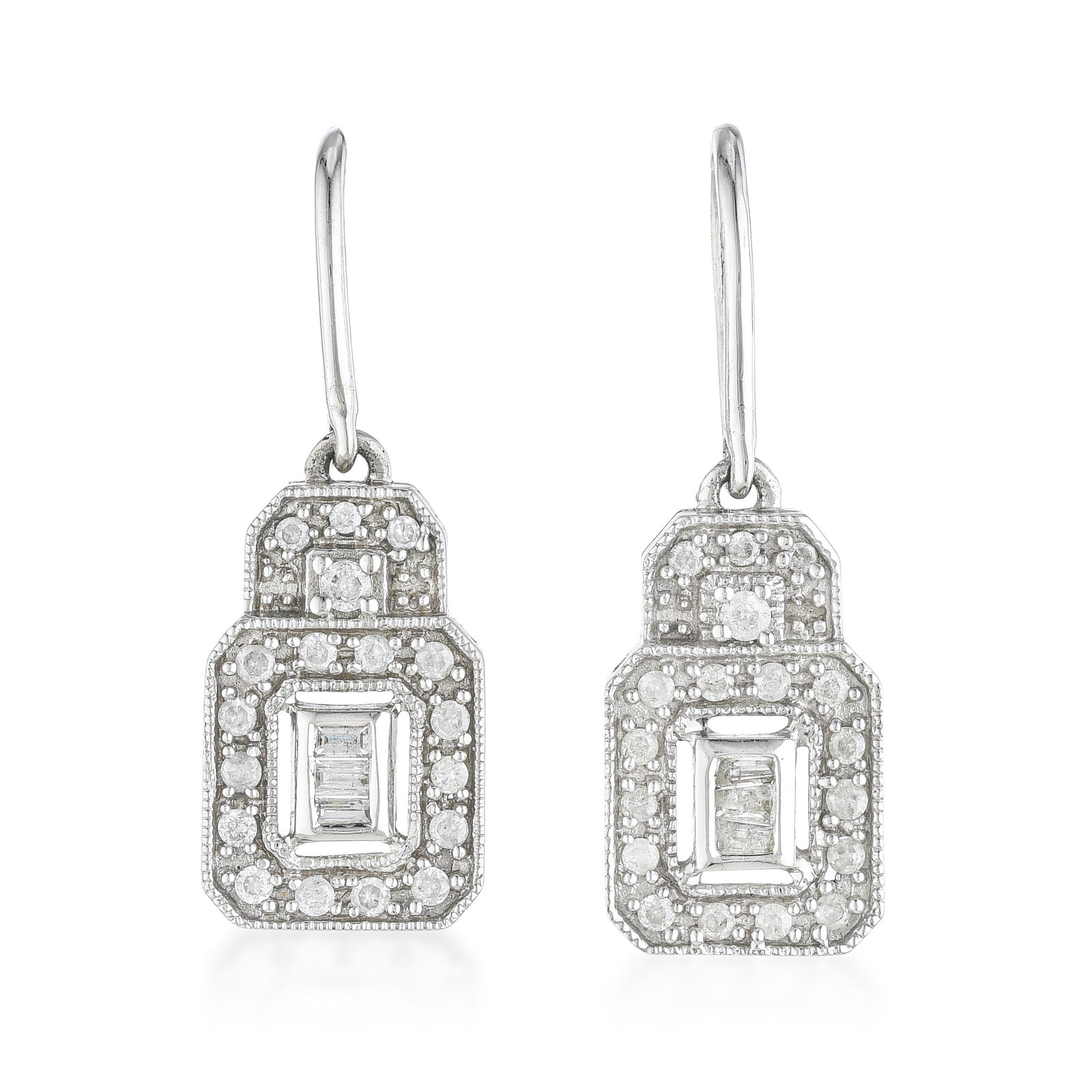 Diamond Drop Earrings: ESTIMATED RETAIL PRICE: $1,500* *This is the estimated value a piece of similar quality, craftsmanship, and characteristics could command at retail. Combining round and baguette cuts in a single