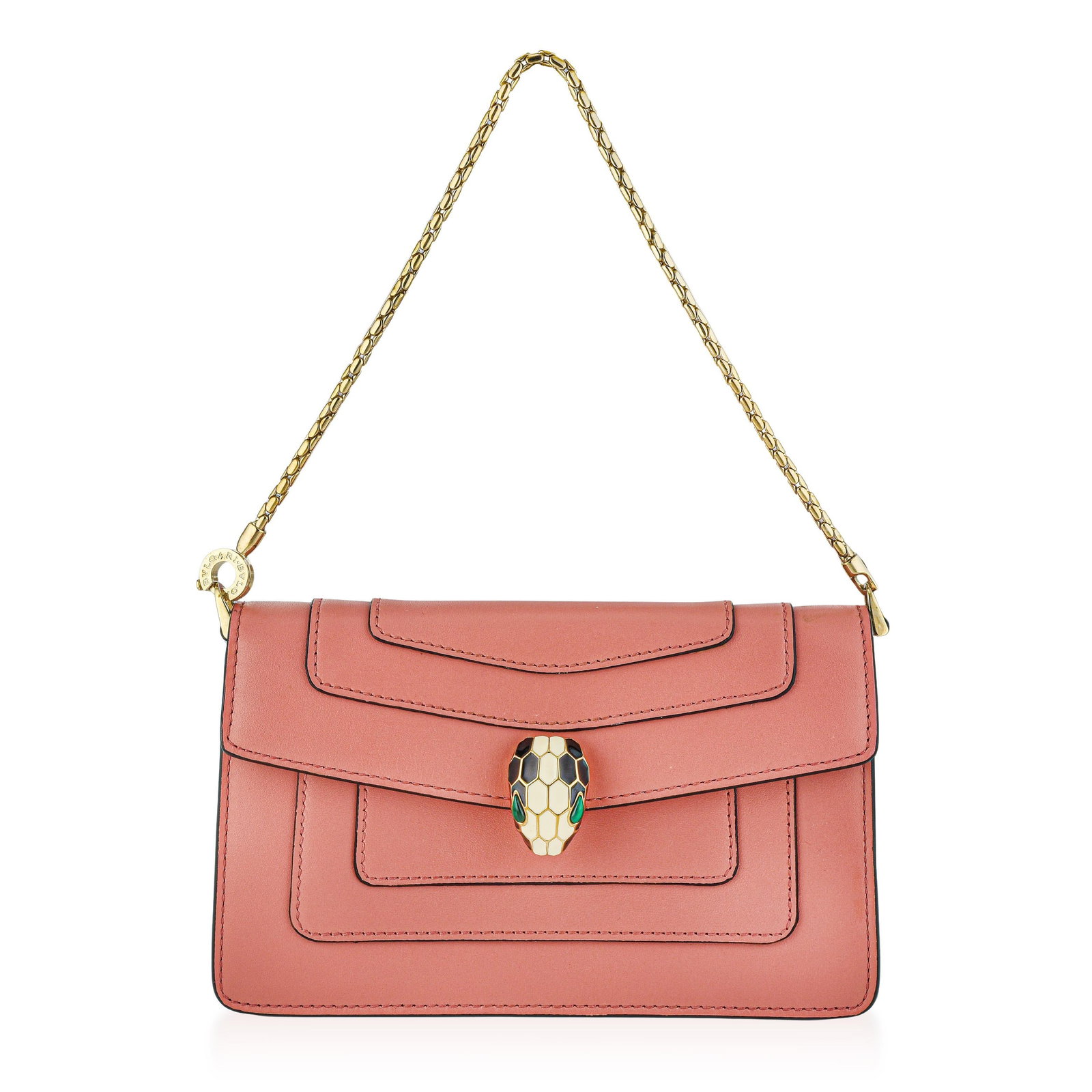 Bulgari Serpenti Forever Chain Pouch - Calf Leather, Pink Gala: ESTIMATED RETAIL PRICE: $2,600* *This is the estimated value a piece of similar quality, craftsmanship, and characteristics could command at retail. The Bulgari Serpenti Forever collection translates 