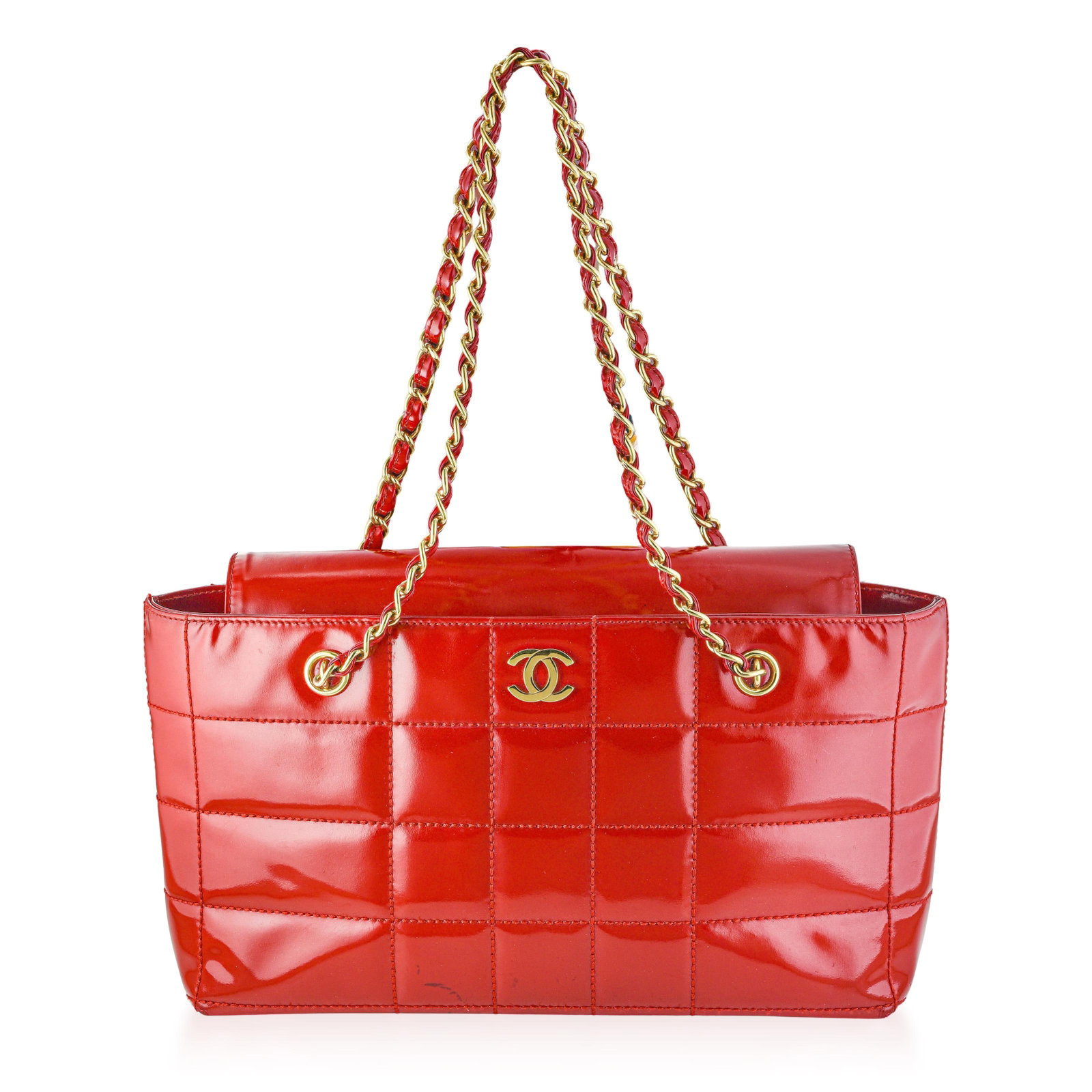 Chanel Chocobar Chain Shoulder Bag - Patent Leather, Red: ESTIMATED RETAIL PRICE: Variable* *This is the estimated value a piece of similar quality, craftsmanship, and characteristics could command at retail. The Chanel Chocobar line is recognized for its sq