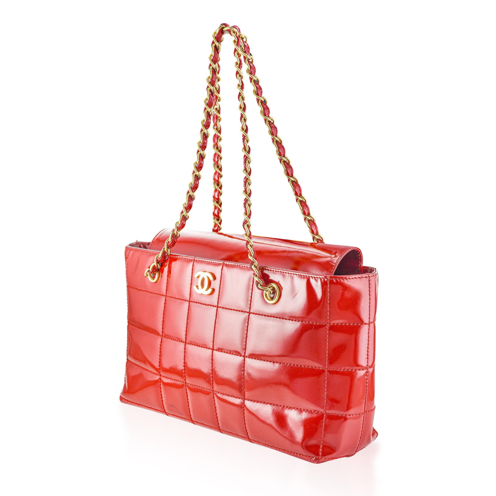Chanel Chocobar Chain Shoulder Bag - Patent Leather, Red - 2