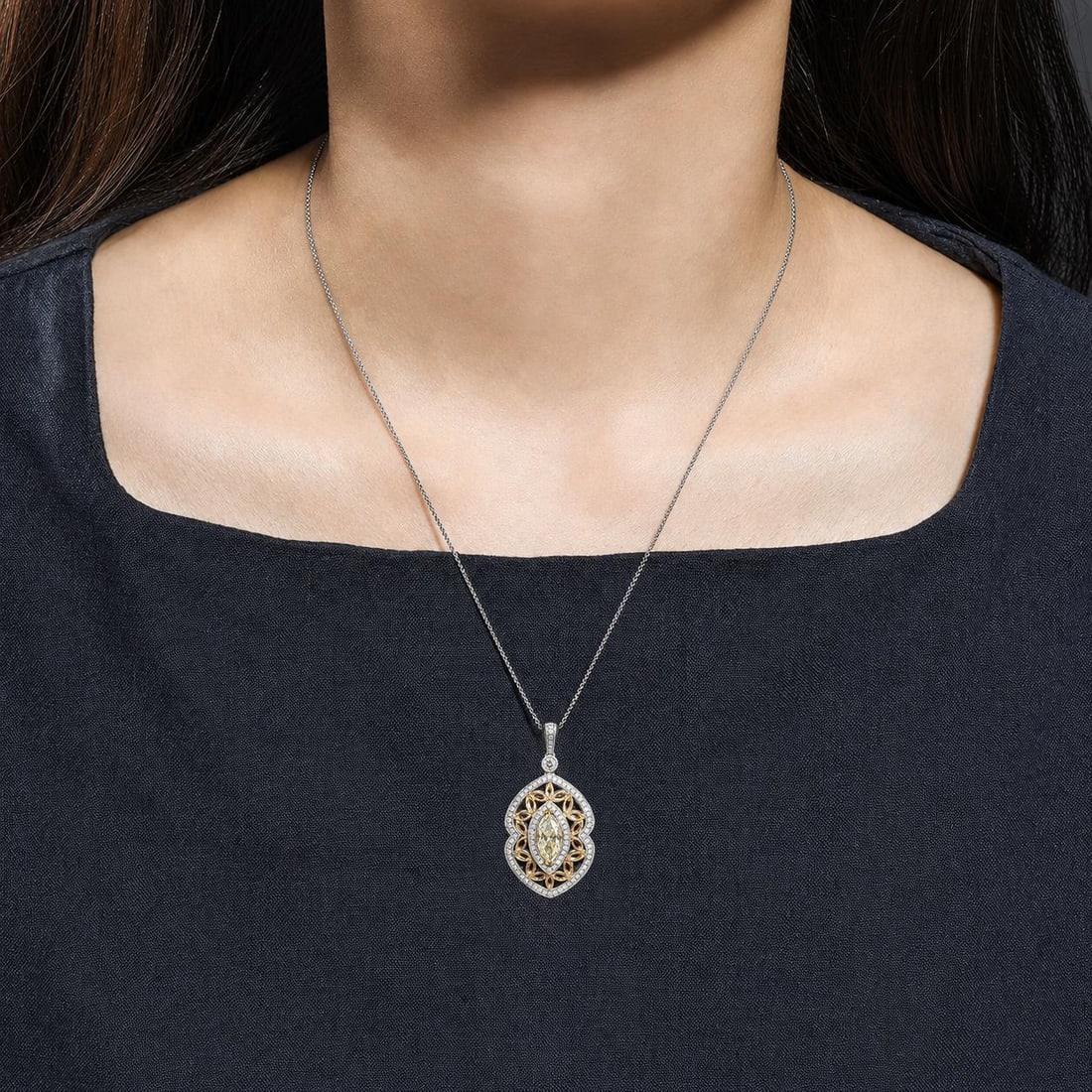 Marquise Diamond Halo Pendant Necklace: ESTIMATED RETAIL PRICE: $14,000* *This is the estimated value a piece of similar quality, craftsmanship, and characteristics could command at retail. The marquise is the most flattering cut for a pend