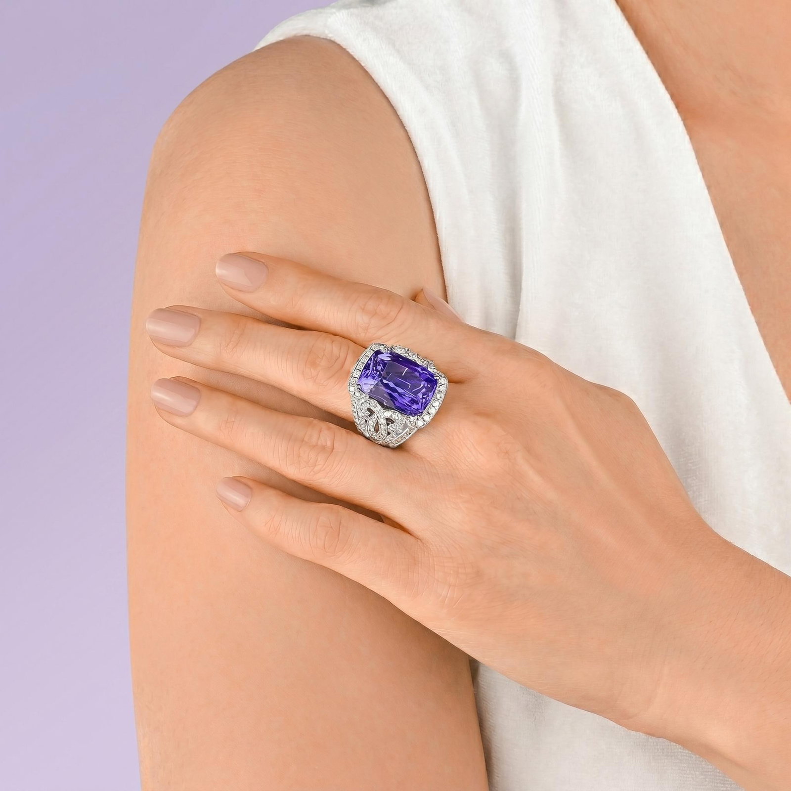 17.18-Carat Tanzanite and Diamond Ring: ESTIMATED RETAIL PRICE: $20,000* *This is the estimated value a piece of similar quality, craftsmanship, and characteristics could command at retail. A 17.18-carat tanzanite is a stone of serious