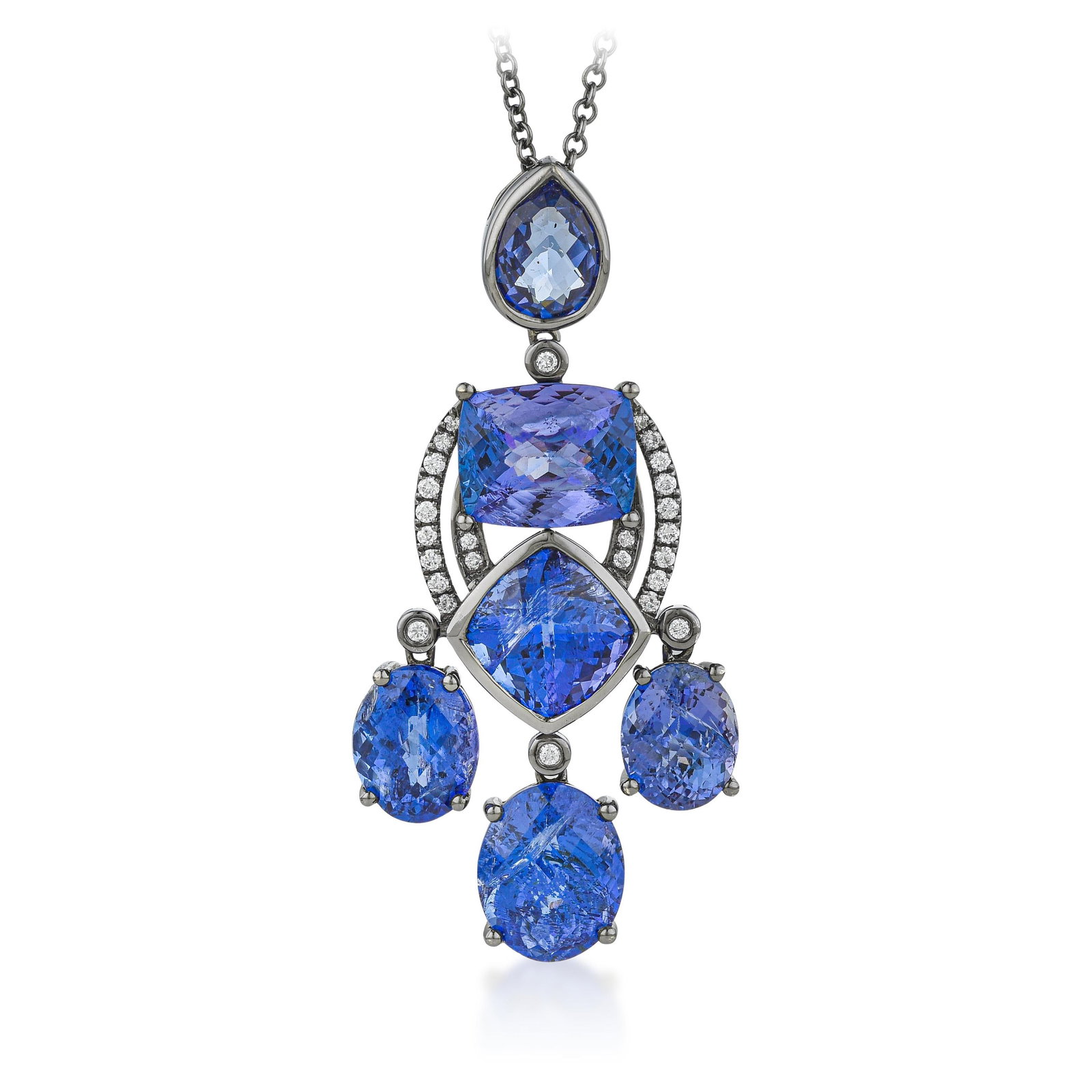 Tanzanite and Diamond Multidrop Pendant Necklace: ESTIMATED RETAIL PRICE: $12,000* *This is the estimated value a piece of similar quality, craftsmanship, and characteristics could command at retail. Twenty carats of tanzanite across six stones lets