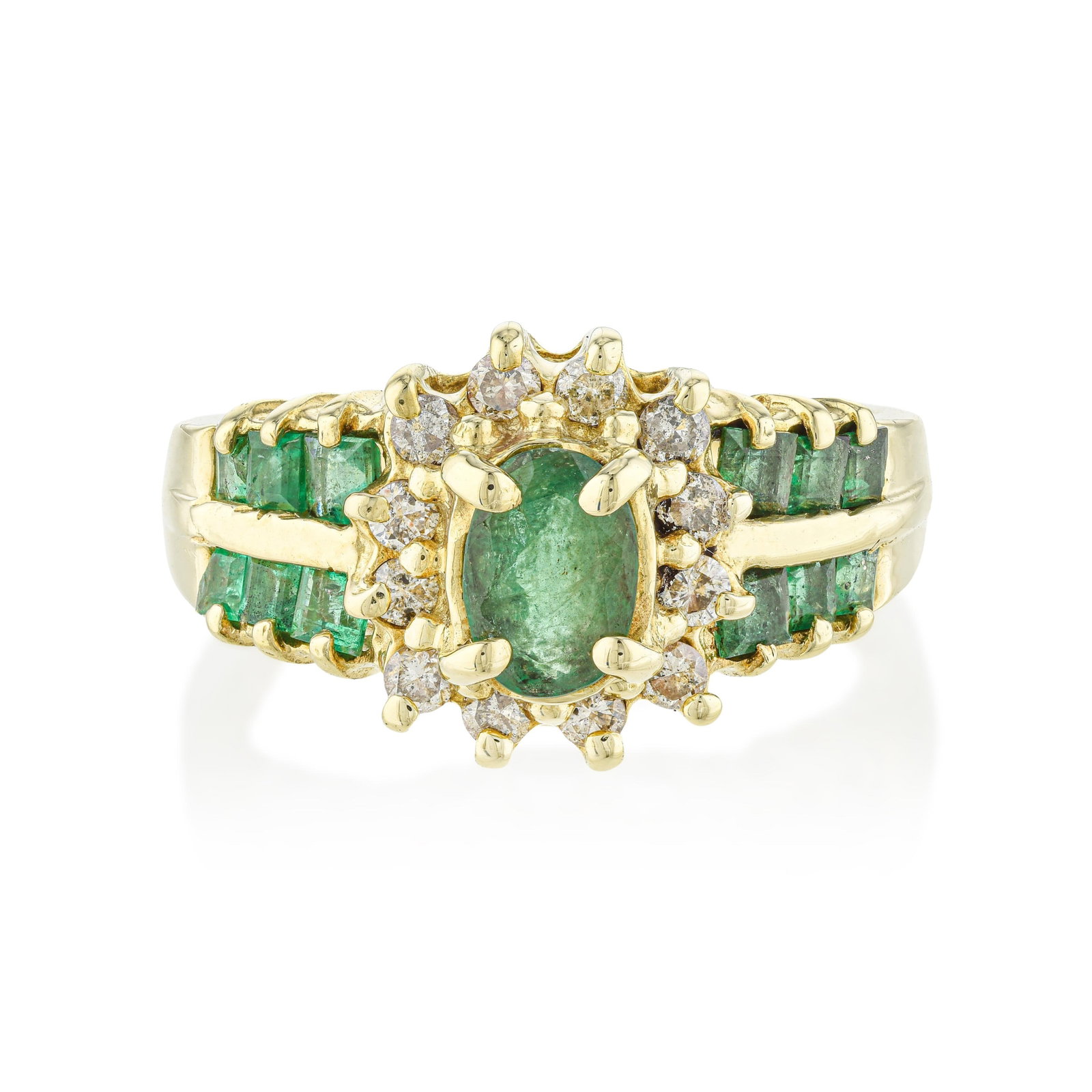 Emerald and Diamond Ring: ESTIMATED RETAIL PRICE: $2,200* *This is the estimated value a piece of similar quality, craftsmanship, and characteristics could command at retail. The emerald at center is surrounded and flanked by 
