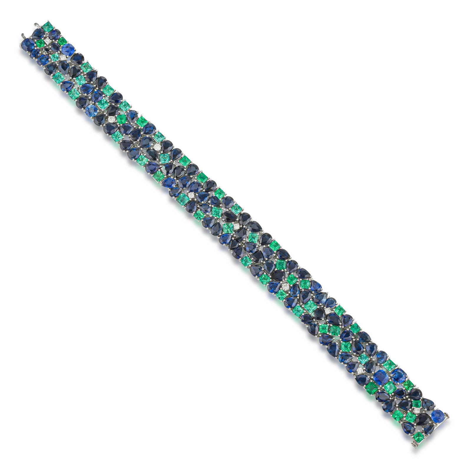 Sapphire Emerald and Diamond Bracelet: ESTIMATED RETAIL PRICE: $50,000* *This is the estimated value a piece of similar quality, craftsmanship, and characteristics could command at retail. Setting emerald against sapphire in the same brace