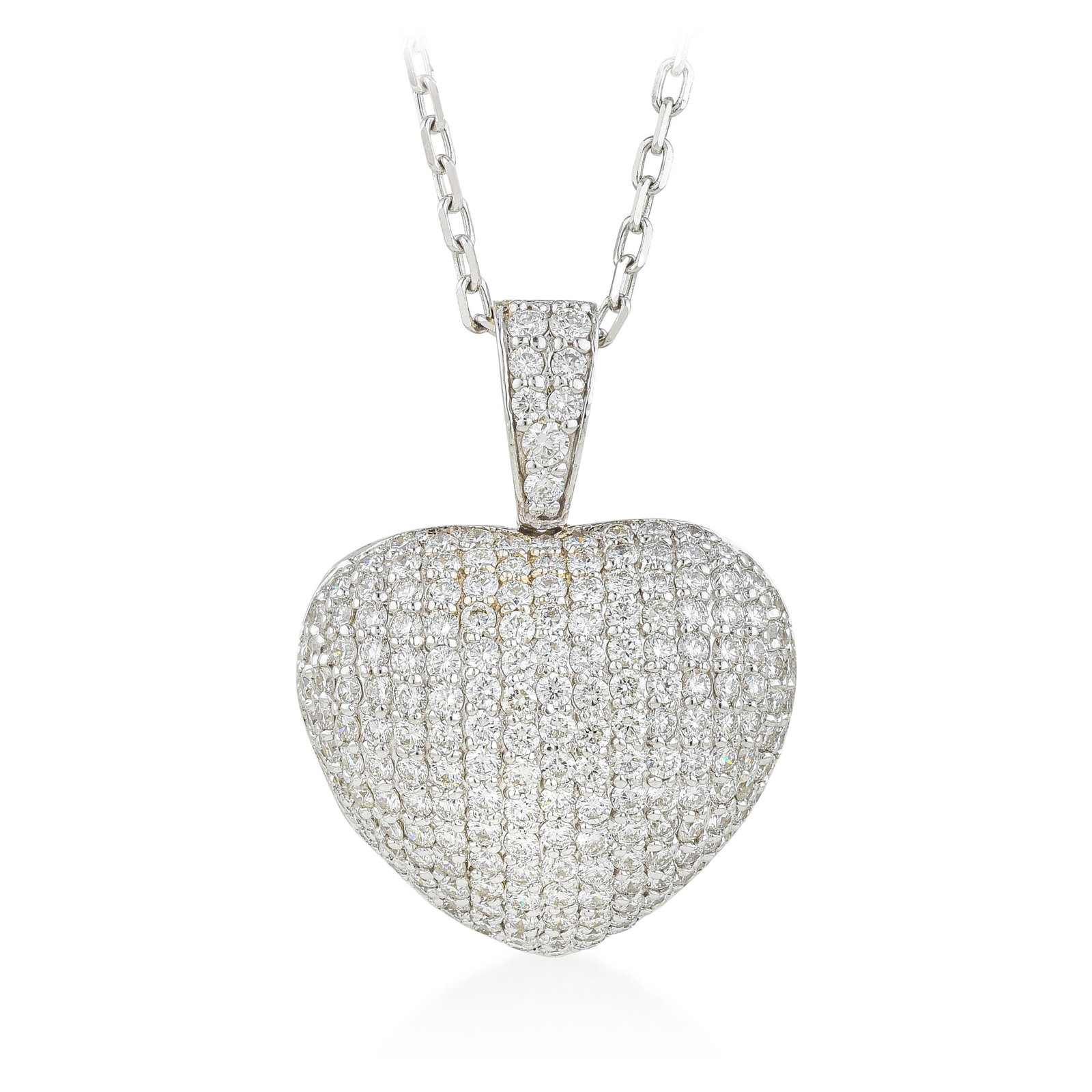 Diamond Pave Heart Pendant Necklace: ESTIMATED RETAIL PRICE: $8,000* *This is the estimated value a piece of similar quality, craftsmanship, and characteristics could command at retail. One hundred ninety-seven diamonds totalling 3.25