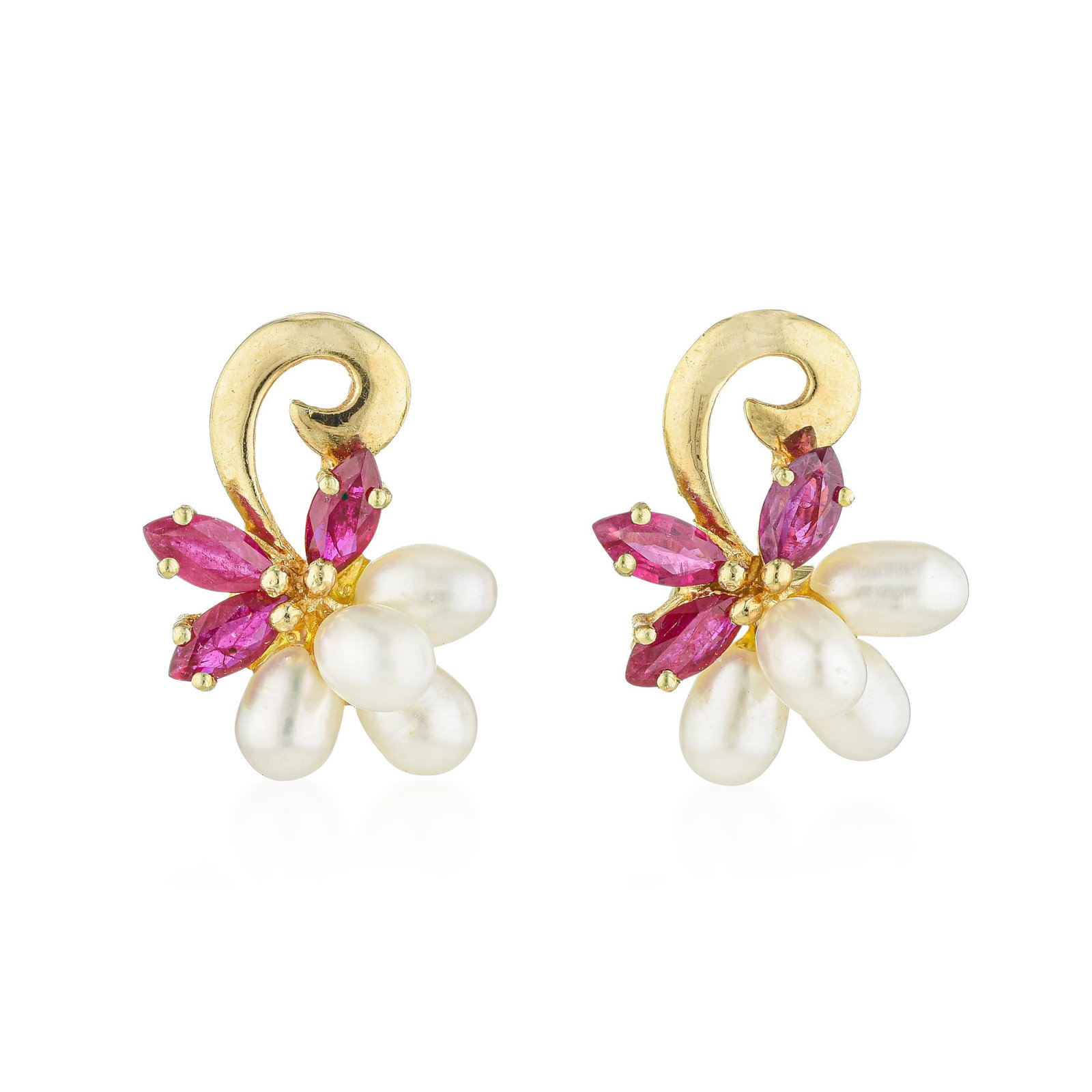 Vintage Pearl and Ruby Earrings: ESTIMATED RETAIL PRICE: $2,800* *This is the estimated value a piece of similar quality, craftsmanship, and characteristics could command at retail. The pearl-and-ruby floral earring is a vintage