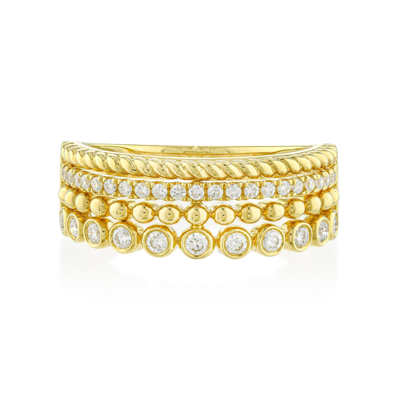 Diamond Bezel-Set Band Ring: ESTIMATED RETAIL PRICE: $1,700 * *This is the estimated value a piece of similar quality, craftsmanship, and characteristics could command at retail. Bezel set diamonds ride flush with the band, the
