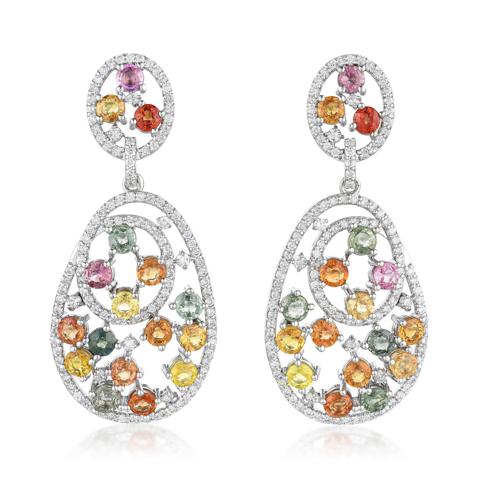 Multicolor Sapphire and Diamond Drop Earrings: ESTIMATED RETAIL PRICE: $12,000* *This is the estimated value a piece of similar quality, craftsmanship, and characteristics could command at retail. These statement earrings arrange nearly eleven car