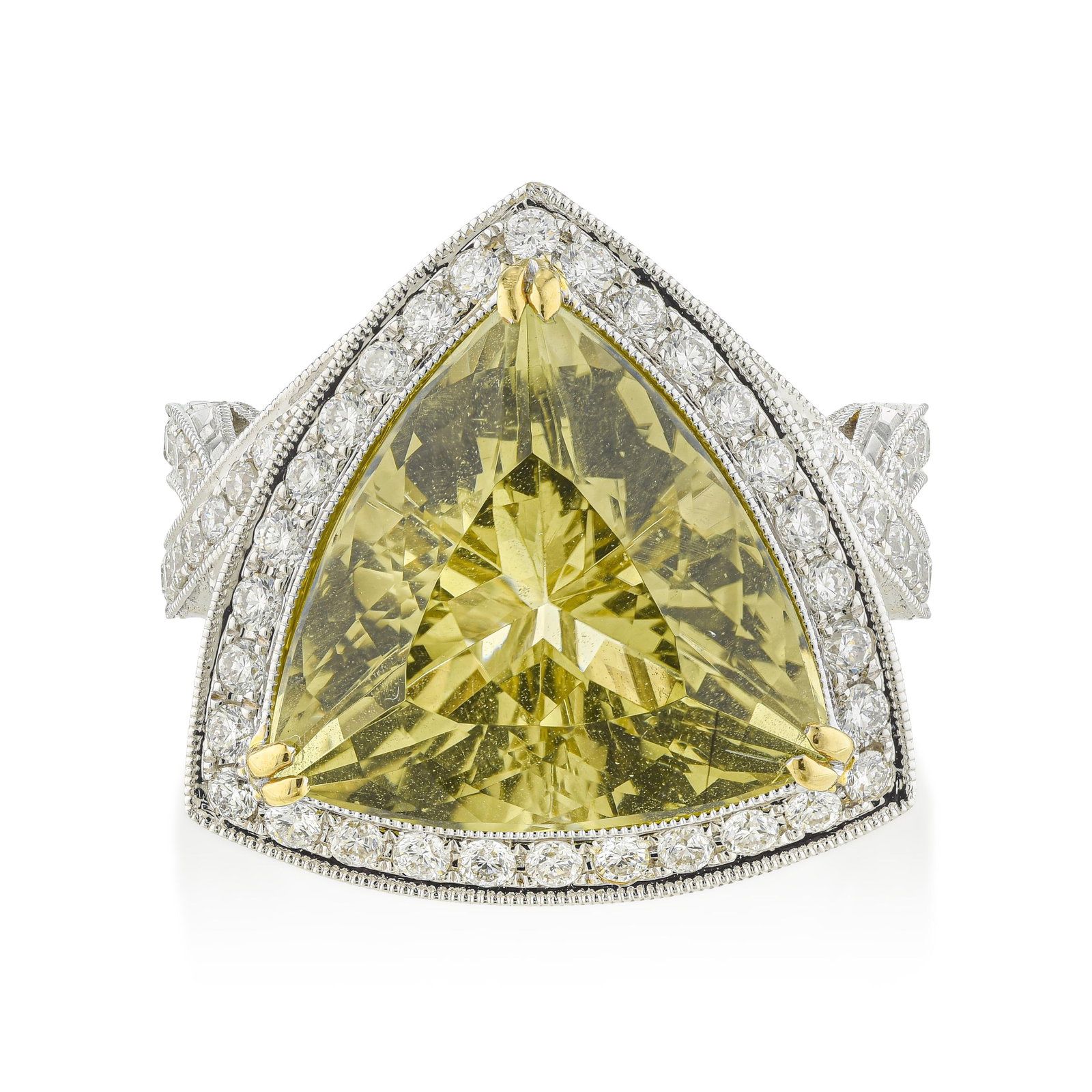 8.36-Carat Lemon Quartz and Diamond Ring: ESTIMATED RETAIL PRICE: $7,000* *This is the estimated value a piece of similar quality, craftsmanship, and characteristics could command at retail. Lemon quartz at 8.36 carats in a trillion outline