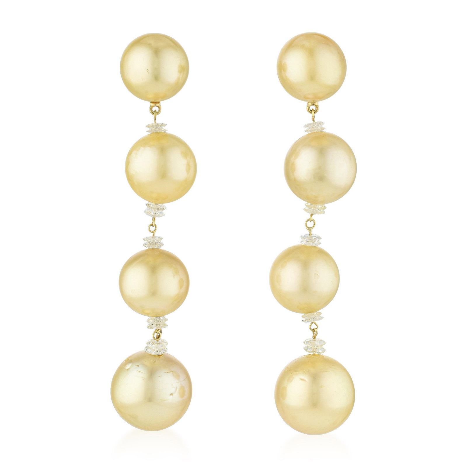 Golden Pearl Diamond Rondelle Drop Earrings: ESTIMATED RETAIL PRICE: $11,000* *This is the estimated value a piece of similar quality, craftsmanship, and characteristics could command at retail. Rondelle-cut diamonds — disc-shaped spacers