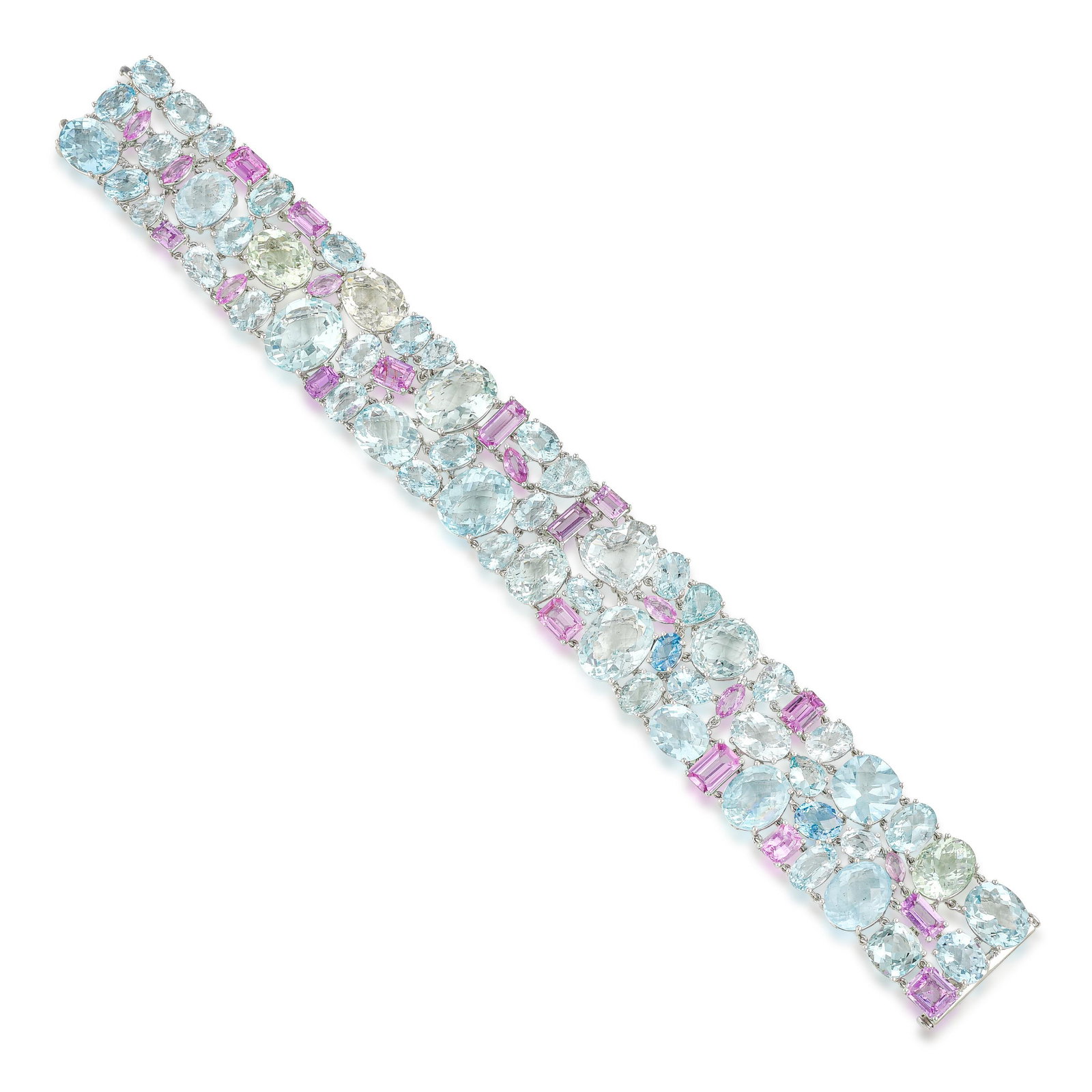 Aquamarine and Pink Sapphire Bracelet: ESTIMATED RETAIL PRICE: $45,000* *This is the estimated value a piece of similar quality, craftsmanship, and characteristics could command at retail. Pairing aquamarine with pink sapphire is a