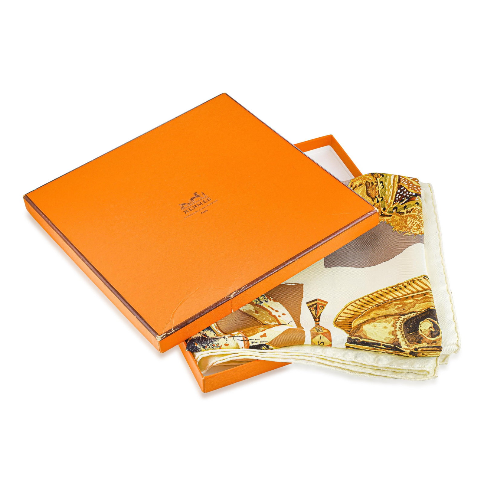 Hermes Masques et Bergers Carre 90 Scarf - Silk Twill, Creme/Jaune Multicolor, with Box - 3