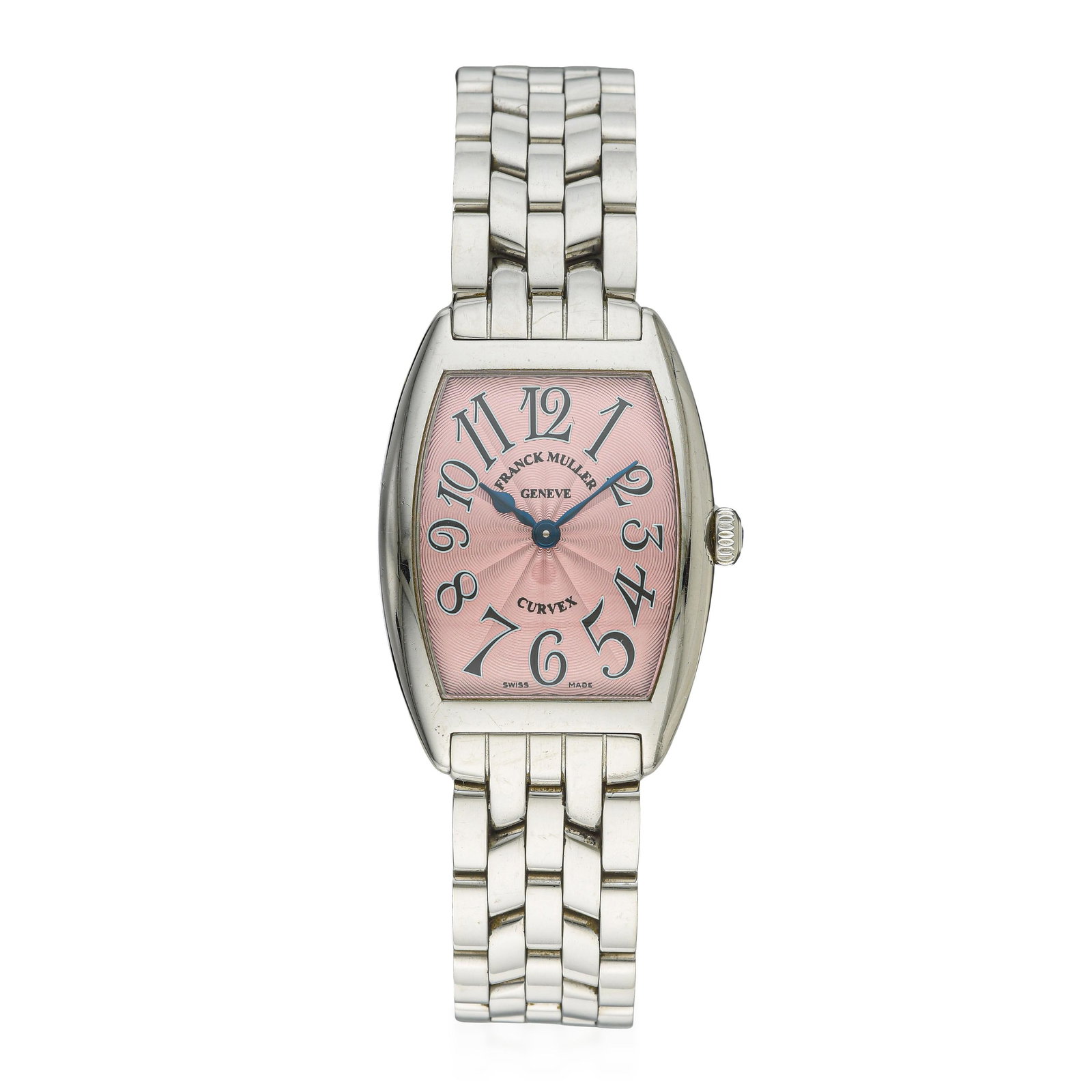 Franck Muller Curvex in Steel with Salmon Dial: ESTIMATED RETAIL PRICE: $4,000* *This is the estimated value a piece of similar quality, craftsmanship, and characteristics could command at retail. Franck Muller's Curvex case is one of the most dist