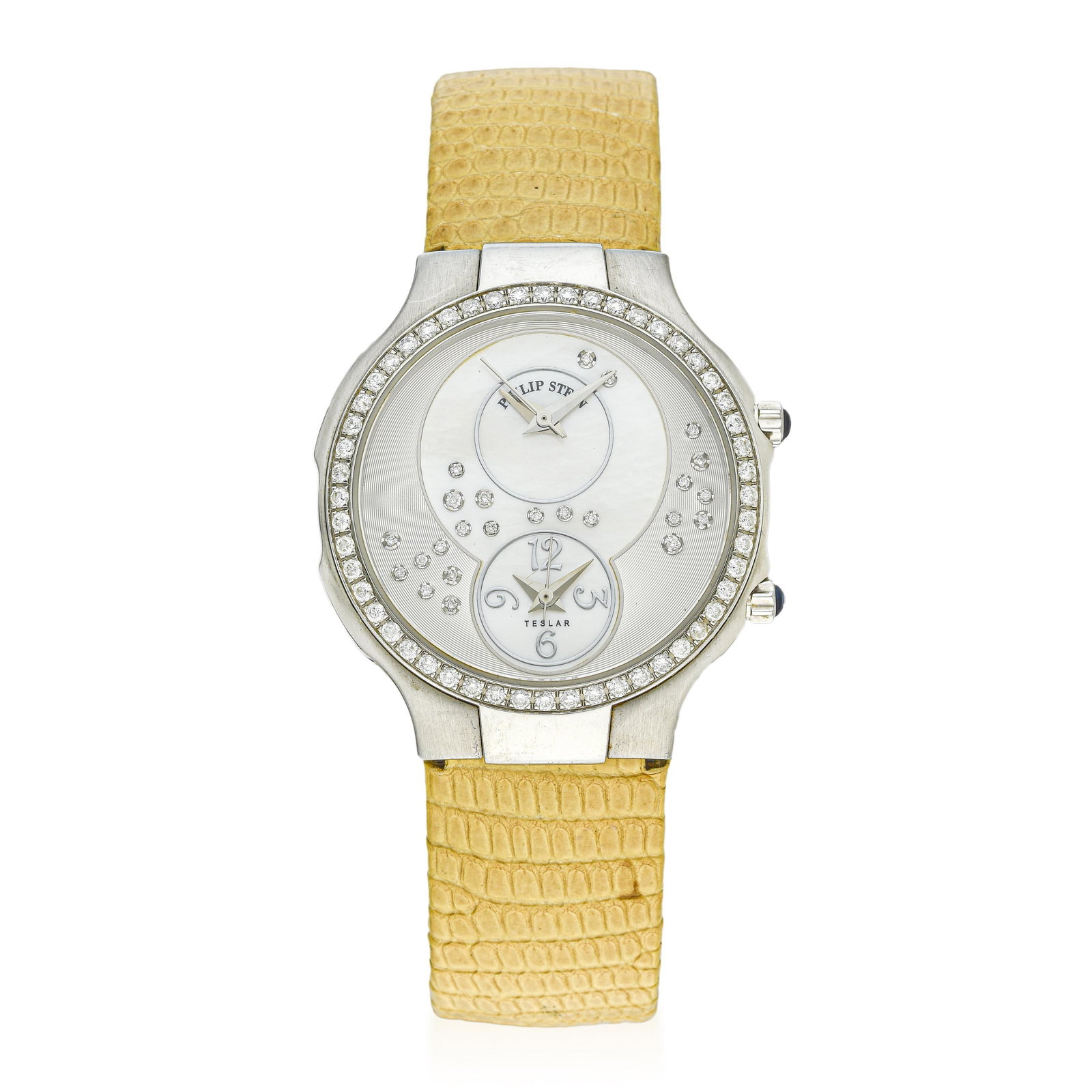 Philip Stein Teslar Watch in Steel with Diamonds: ESTIMATED RETAIL PRICE: $3,000* *This is the estimated value a piece of similar quality, craftsmanship, and characteristics could command at retail. Philip Stein's Teslar collection earned a devoted