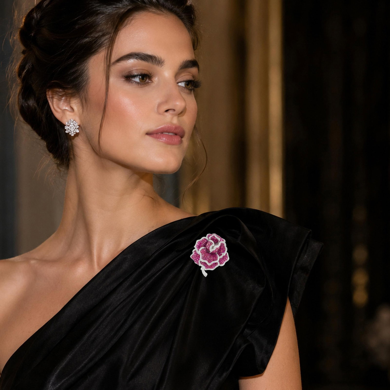 Burma Ruby Invisible-Set and Diamond Flower Pin: ESTIMATED RETAIL PRICE: $55,000* *This is the estimated value a piece of similar quality, craftsmanship, and characteristics could command at retail. This magnificent rose brooch represents a