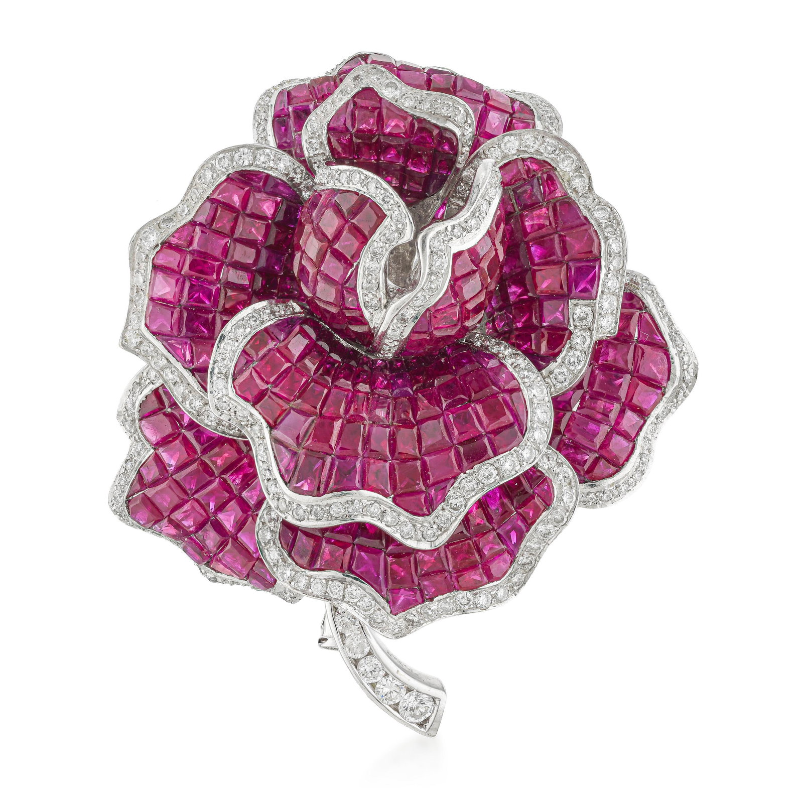 Burma Ruby Invisible-Set and Diamond Flower Pin - 2