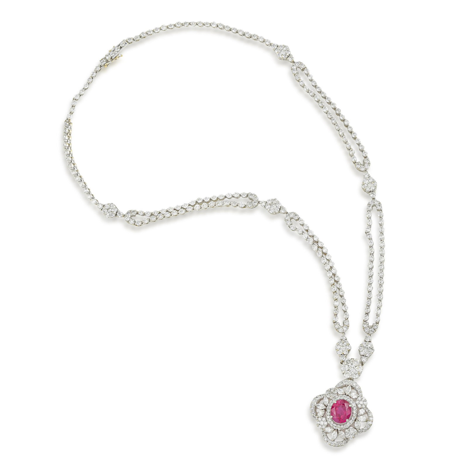 Burma Ruby and Diamond Pendant Necklace, GIA Certified: ESTIMATED RETAIL PRICE: $50,000* *This is the estimated value a piece of similar quality, craftsmanship, and characteristics could command at retail. This exquisite high-jewelry necklace radiates