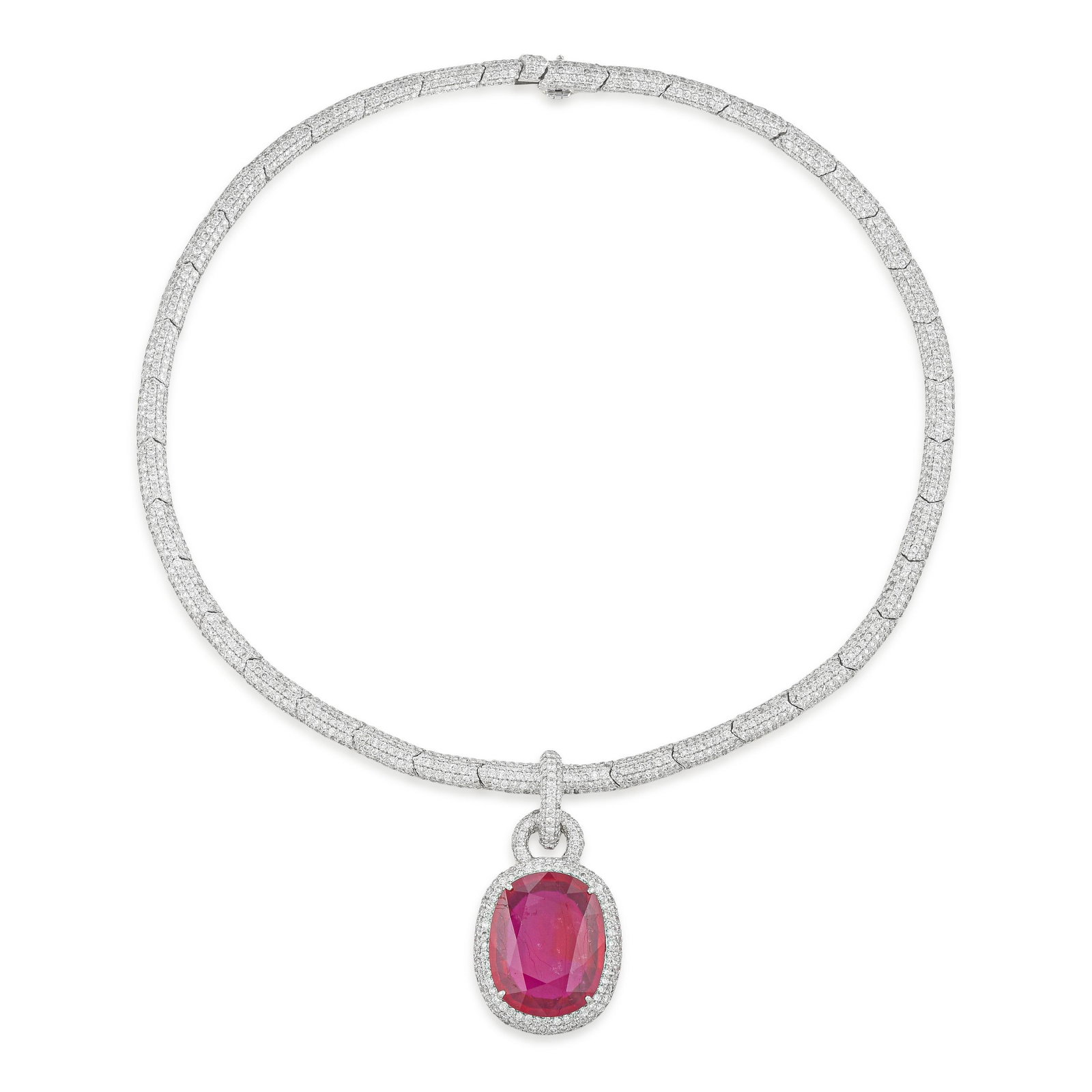 30.87-Carat Ruby and Diamond Necklace: ESTIMATED RETAIL PRICE: $33,000* *This is the estimated value a piece of similar quality, craftsmanship, and characteristics could command at retail. This high-jewelry necklace is a show-stopping