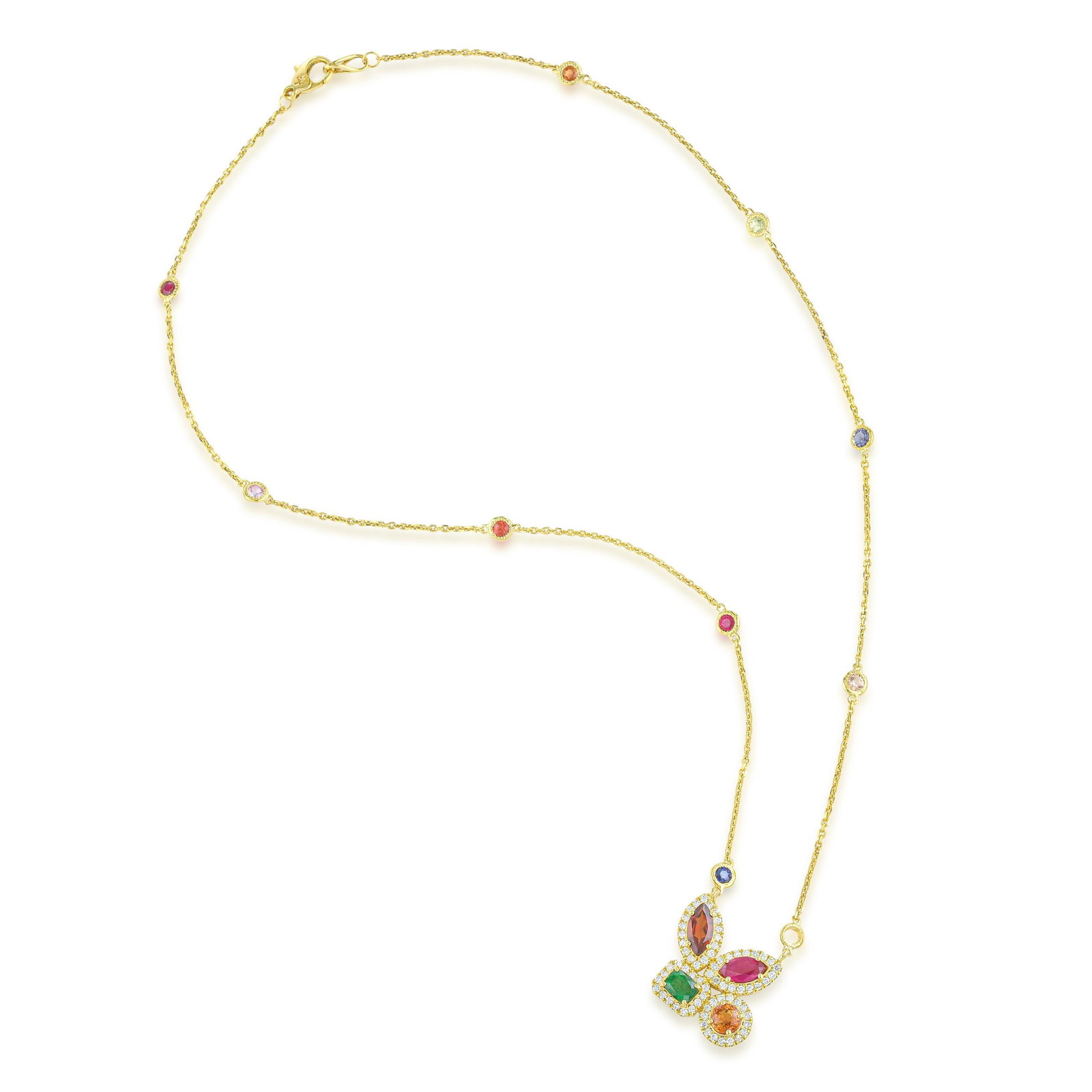 Multicolor Gemstone and Diamond Pendant Necklace: ESTIMATED RETAIL PRICE: $5,500* *This is the estimated value a piece of similar quality, craftsmanship, and characteristics could command at retail. Multicolor gemstones on a delicate chain is the