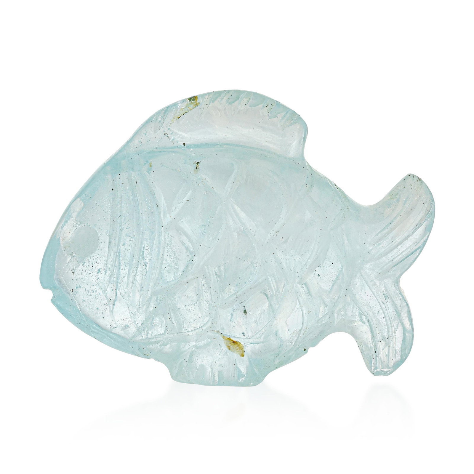 42.00-Carat Carved Aquamarine Fish: ESTIMATED RETAIL PRICE: $1,200* *This is the estimated value a piece of similar quality, craftsmanship, and characteristics could command at retail. Hand-carved gemstone objects occupy a category