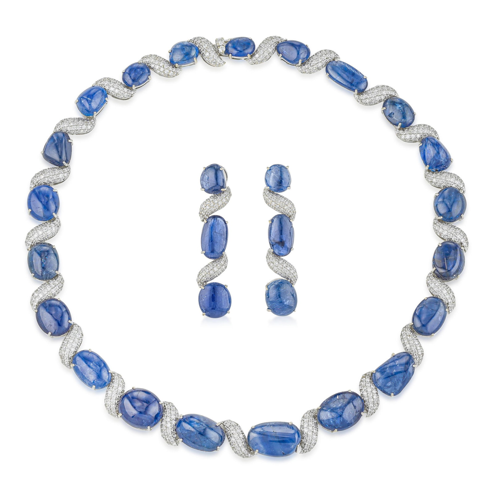 Burma No Heat Blue Sapphire Cabochon and Diamond Necklace and Earrings Set, GIA Certified: ESTIMATED RETAIL PRICE: $125,000* *This is the estimated value a piece of similar quality, craftsmanship, and characteristics could command at retail. This rare high-jewelry suite is an absolute