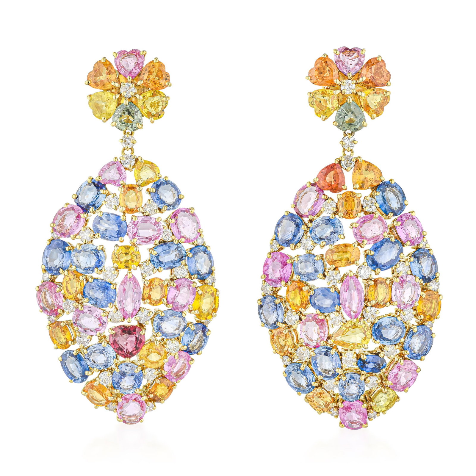 Multi-Color Sapphire and Diamond Earrings: ESTIMATED RETAIL PRICE: $50,000* *This is the estimated value a piece of similar quality, craftsmanship, and characteristics could command at retail. These vibrant chandelier drop earrings are a