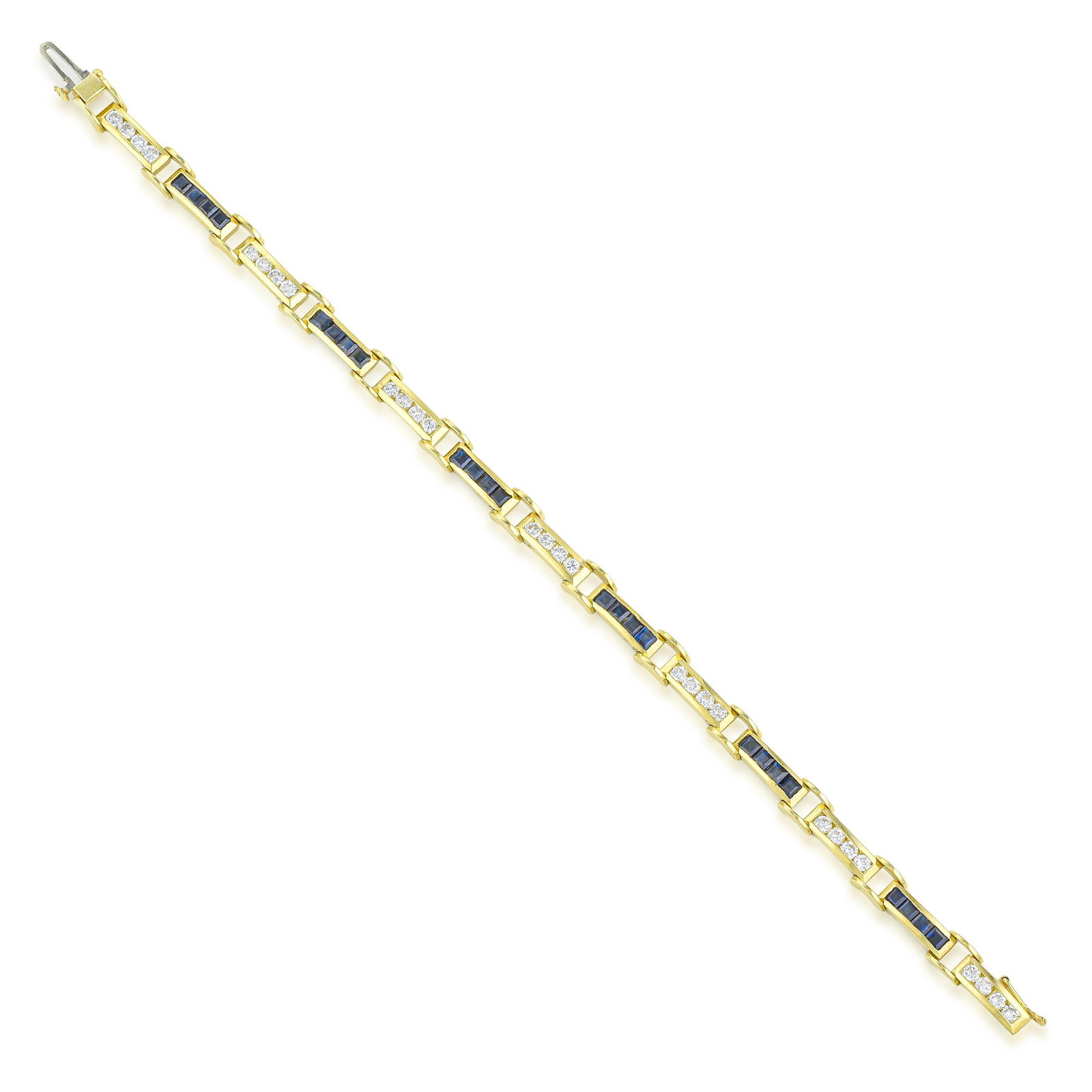 Sapphire and Diamond Bracelet: ESTIMATED RETAIL PRICE: $8,500* *This is the estimated value a piece of similar quality, craftsmanship, and characteristics could command at retail. Alternating sapphires with diamonds along a