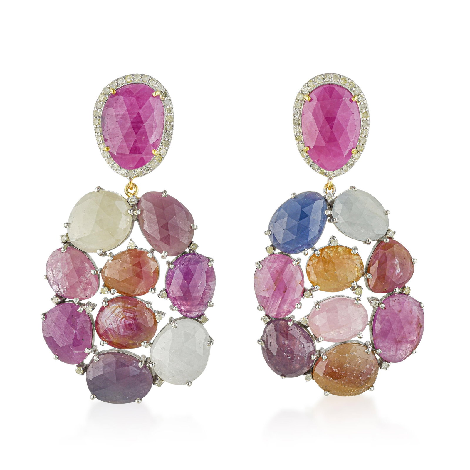 Multicolor Sapphire and Diamond Earrings - No Reserve Lot: ESTIMATED RETAIL PRICE: $2,800* *This is the estimated value a piece of similar quality, craftsmanship, and characteristics could command at retail. Eighty carats of untreated multicolor sapphire in