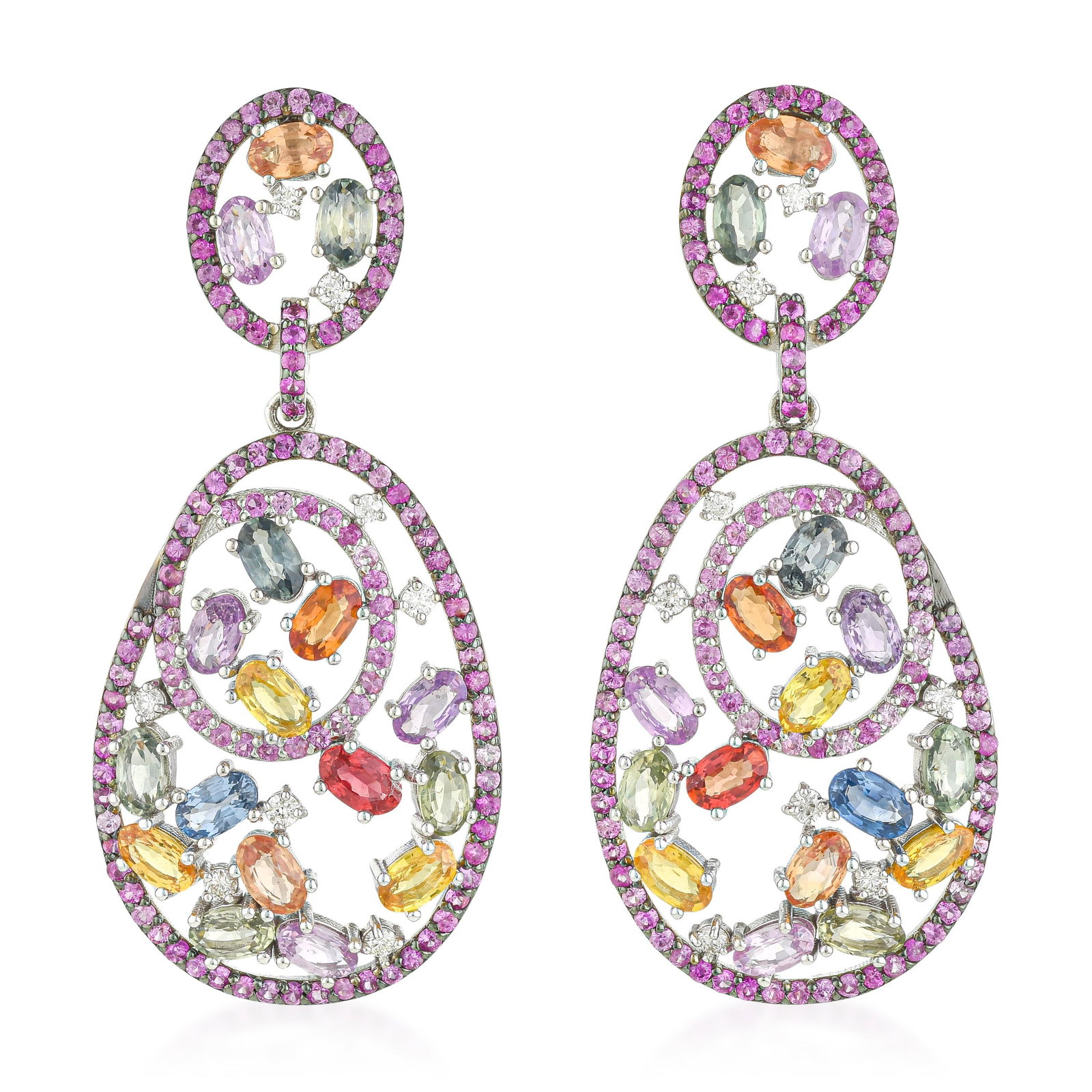 Pink and Multicolor Sapphire and Diamond Drop Earrings: ESTIMATED RETAIL PRICE: $9,500* *This is the estimated value a piece of similar quality, craftsmanship, and characteristics could command at retail. Nearly fourteen carats of sapphire across two