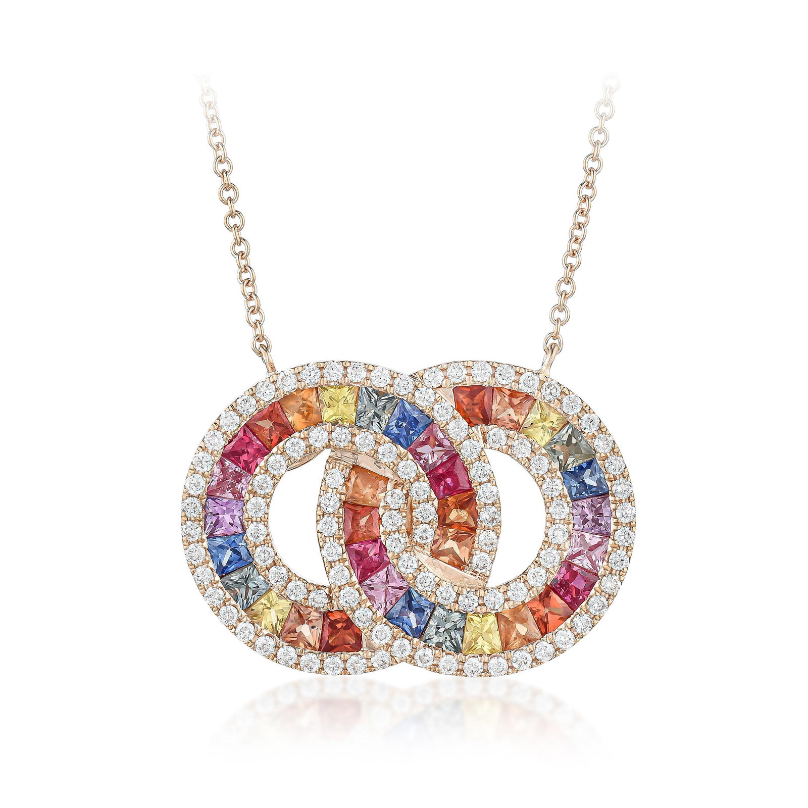 Multicolor Sapphire and Diamond Pendant Necklace: ESTIMATED RETAIL PRICE: $6,000* *This is the estimated value a piece of similar quality, craftsmanship, and characteristics could command at retail. The interlocking-circle motif is one of the most