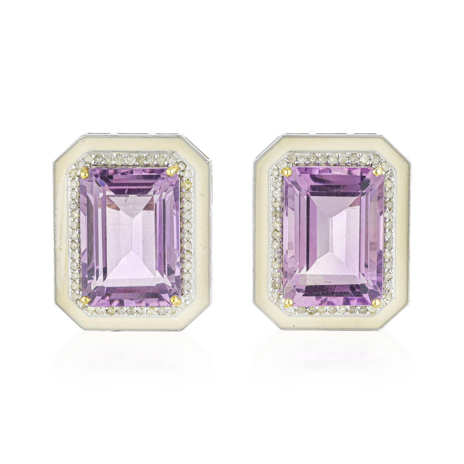 Amethyst White Enamel and Diamond Earrings: ESTIMATED RETAIL PRICE: $1,200* *This is the estimated value a piece of similar quality, craftsmanship, and characteristics could command at retail. White enamel as a border around a faceted stone is