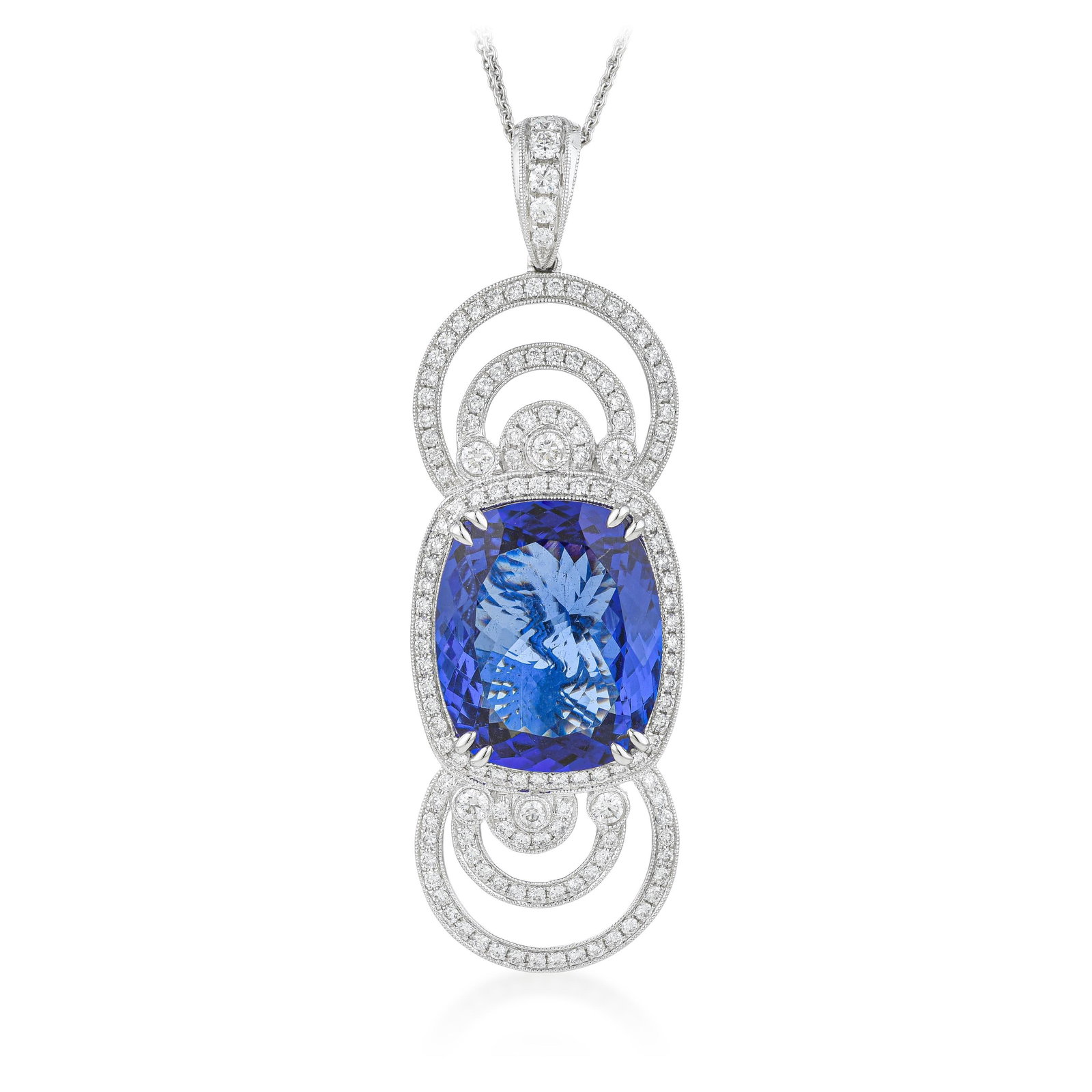 18-Carat Tanzanite and Diamond Pendant Necklace: ESTIMATED RETAIL PRICE: $33,000* *This is the estimated value a piece of similar quality, craftsmanship, and characteristics could command at retail. Eighteen carats of tanzanite in a pendant format