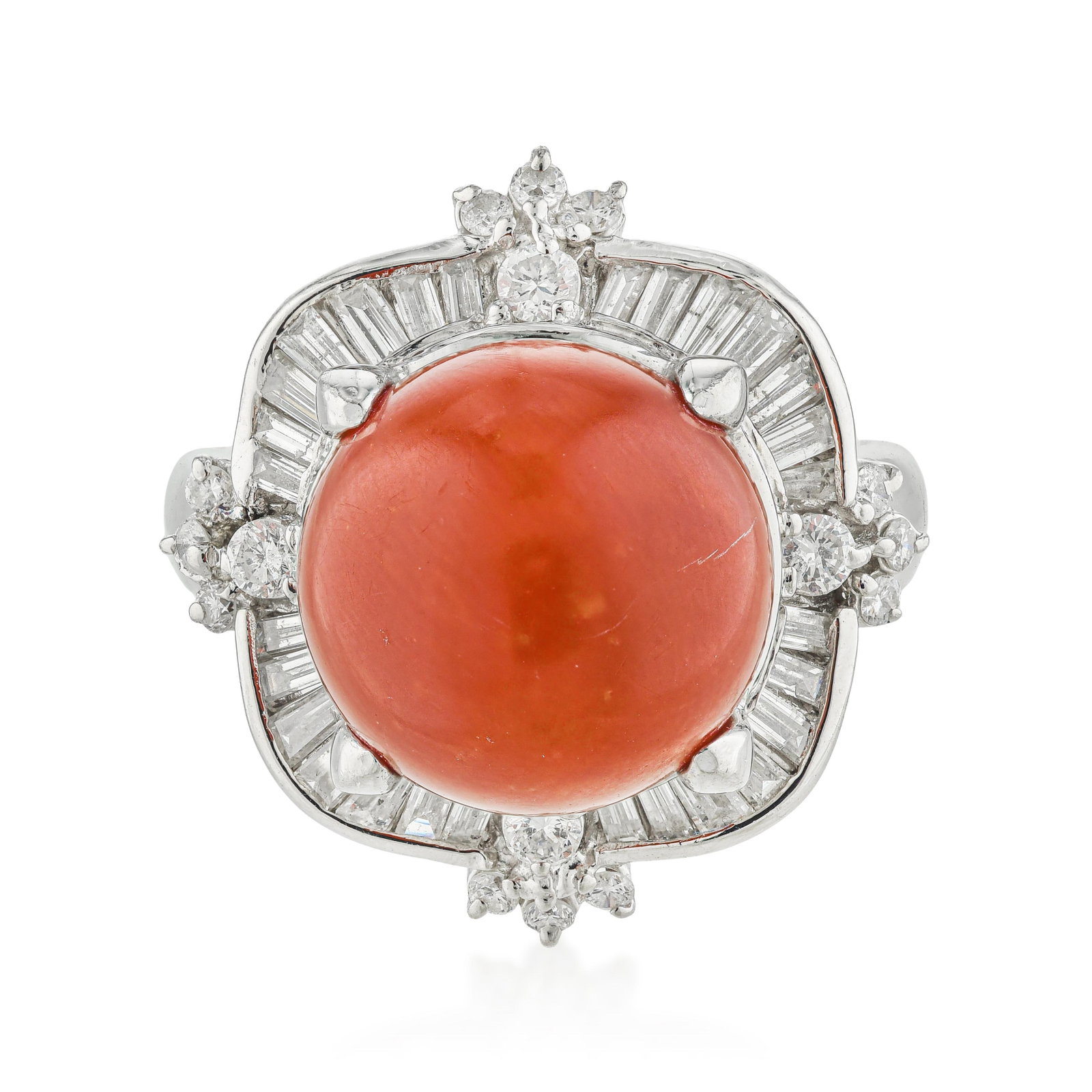 Coral and Diamond Ring: ESTIMATED RETAIL PRICE: $4,000* *This is the estimated value a piece of similar quality, craftsmanship, and characteristics could command at retail. Coral in fine jewelry occupies a collector tier