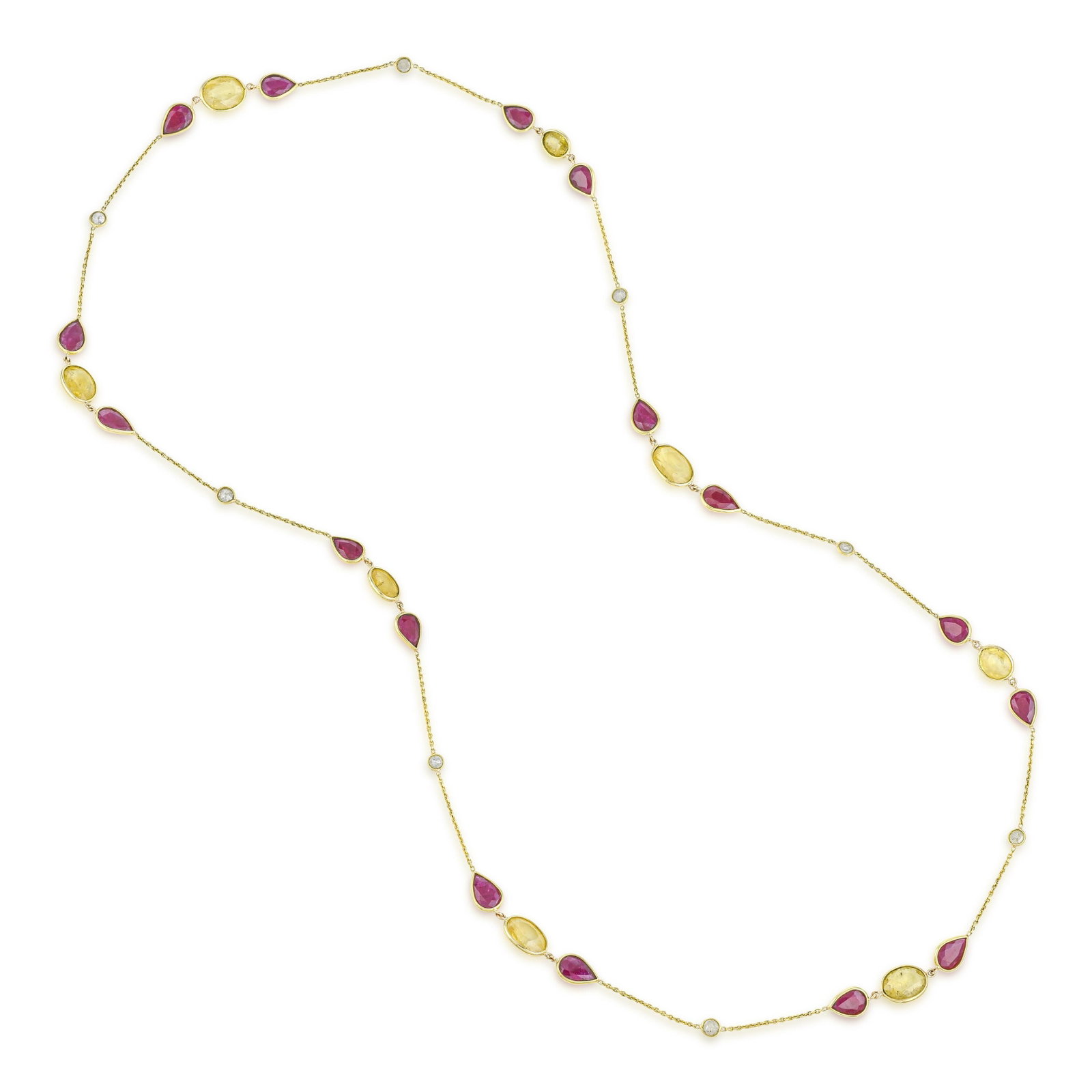 Ruby Yellow Sapphire and Diamond Chain Necklace: ESTIMATED RETAIL PRICE: $6,000* *This is the estimated value a piece of similar quality, craftsmanship, and characteristics could command at retail. Alternating ruby with yellow sapphire along a