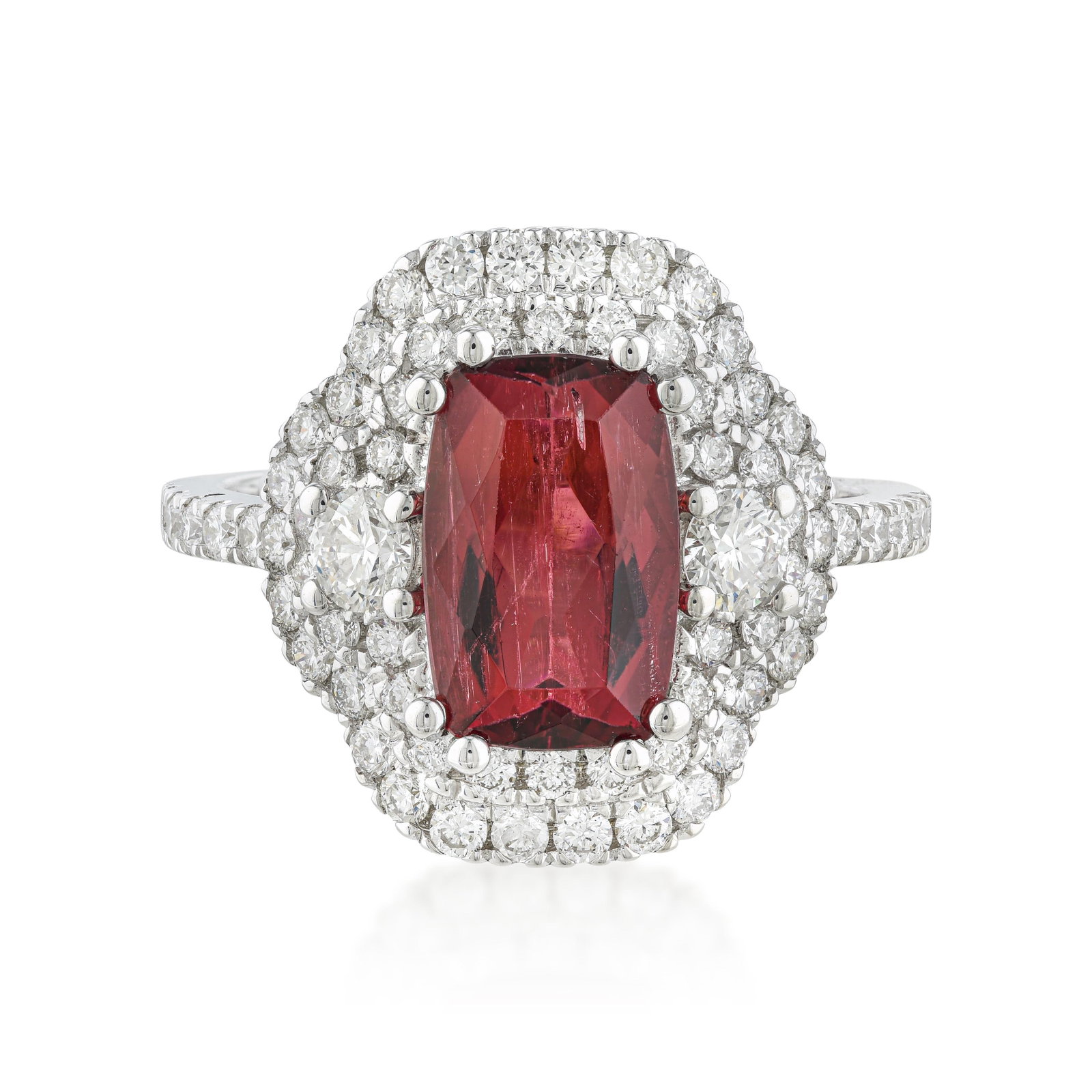 1.39-Carat Pink Tourmaline and Diamond Ring: ESTIMATED RETAIL PRICE: $6,000* *This is the estimated value a piece of similar quality, craftsmanship, and characteristics could command at retail. Pink tourmaline in the rubellite range is the most