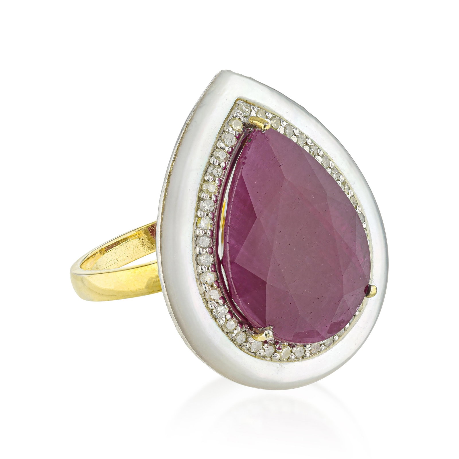Pear Shape Ruby White Enamel and Diamond Ring, GIA Certified - 2