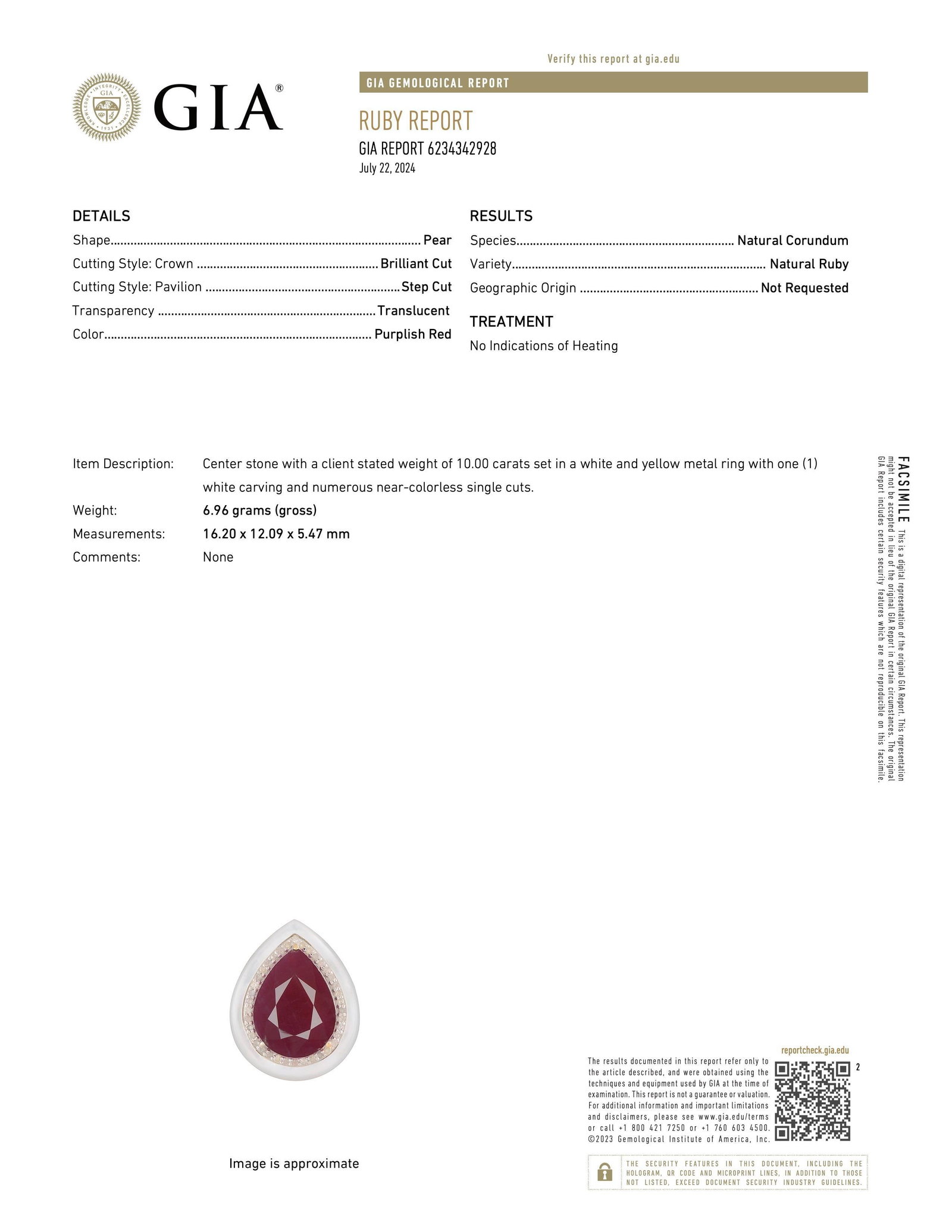 Pear Shape Ruby White Enamel and Diamond Ring, GIA Certified - 4