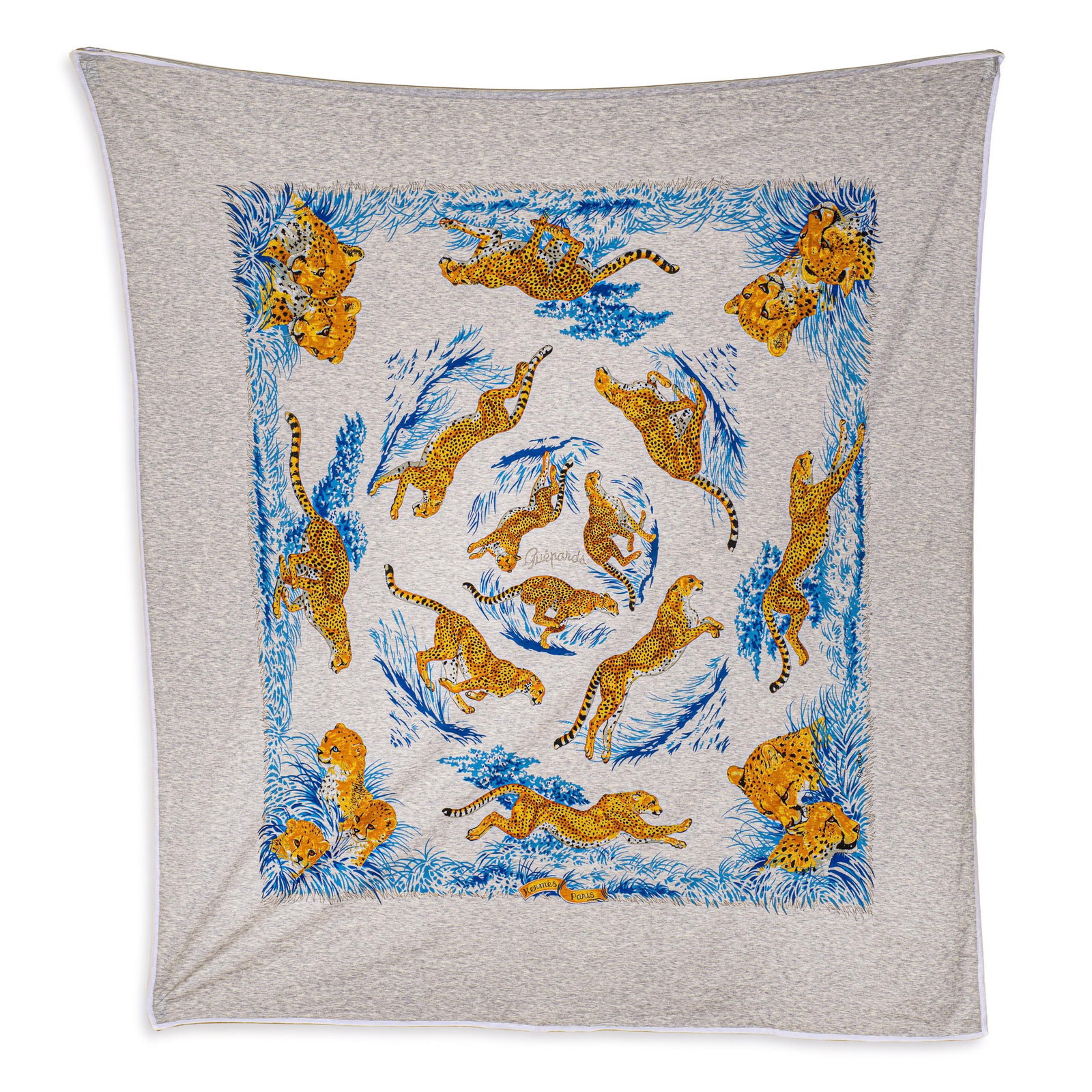 Hermes Guepards T-Shirt Scarf - Cotton Jersey, Gris: ESTIMATED RETAIL PRICE: $600* *This is the estimated value a piece of similar quality, craftsmanship, and characteristics could command at retail. The Hermes Guepards design was created by Robert