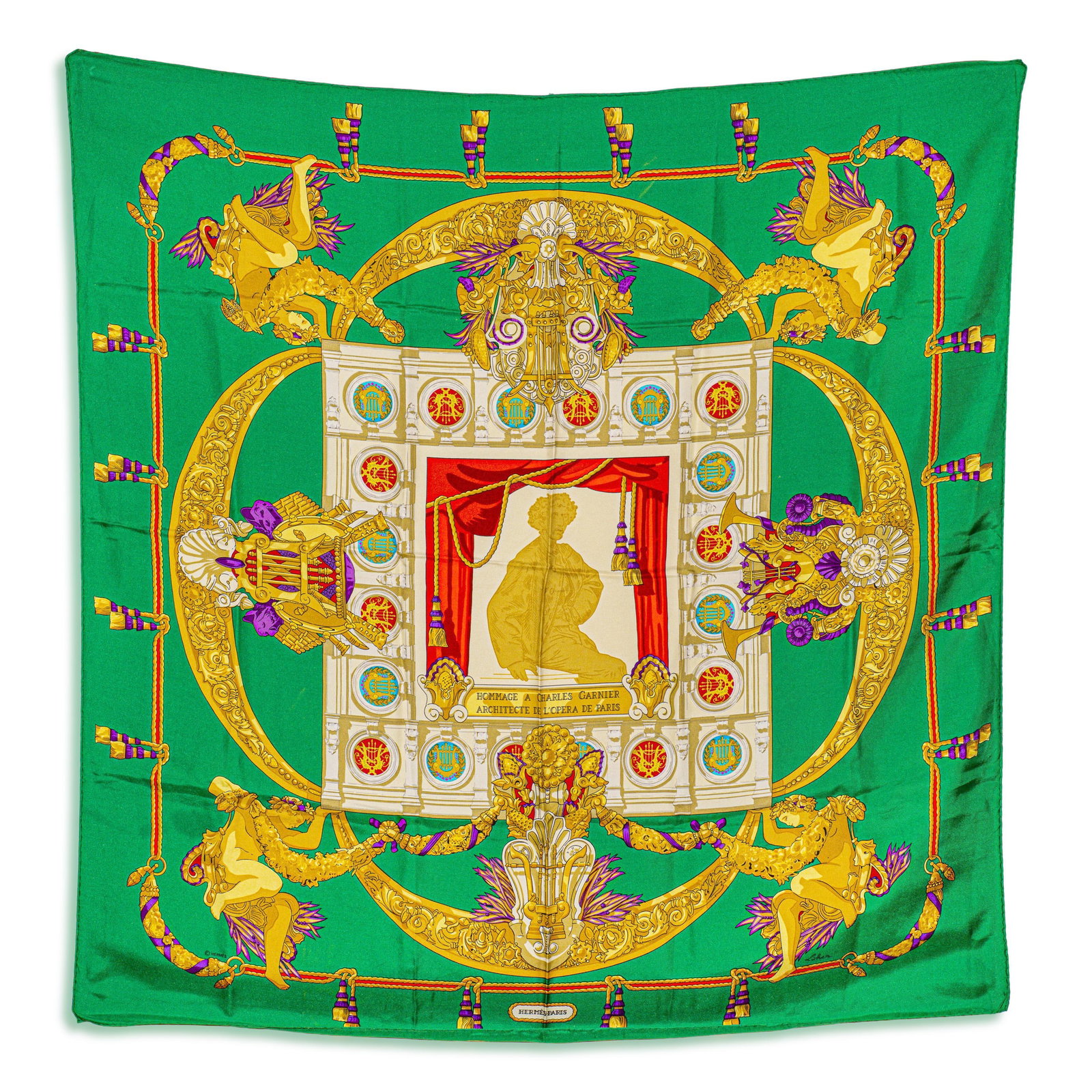 Hermes Hommage a Charles Garnier Carre 90 Scarf – Silk Twill, Green Multicolor: ESTIMATED RETAIL PRICE: $660* *This is the estimated value a piece of similar quality, craftsmanship, and characteristics could command at retail. The Hermes Hommage a Charles Garnier Carre 90 scarf w