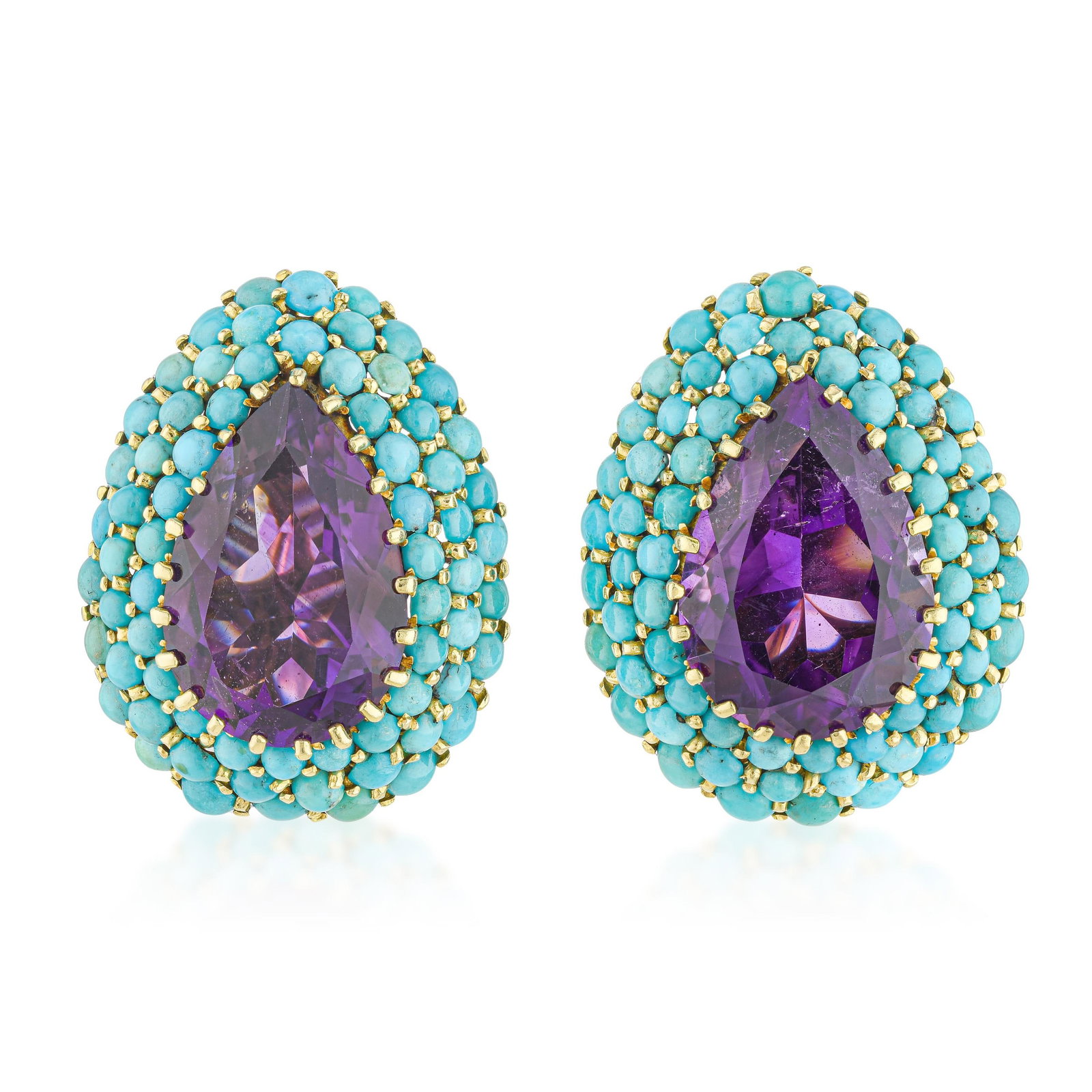 Vintage Amethyst and Turquoise Earrings: ESTIMATED RETAIL PRICE: 10,500* *This is the estimated value a piece of similar quality, craftsmanship, and characteristics could command at retail. An expressive study in Mediterranean color contrast