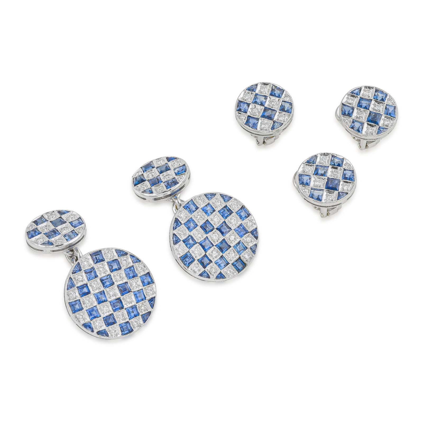 Sapphire and Diamond Cufflinks and Studs Set: ESTIMATED RETAIL PRICE: 8,750* *This is the estimated value a piece of similar quality, craftsmanship, and characteristics could command at retail. A masterpiece of formal eveningwear craftsmanship.